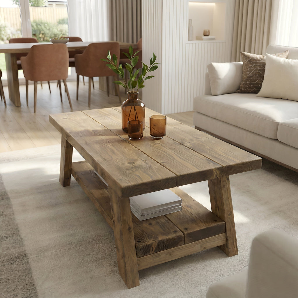 OSSO Rustic Wooden Coffee Table With Shelf - My Store