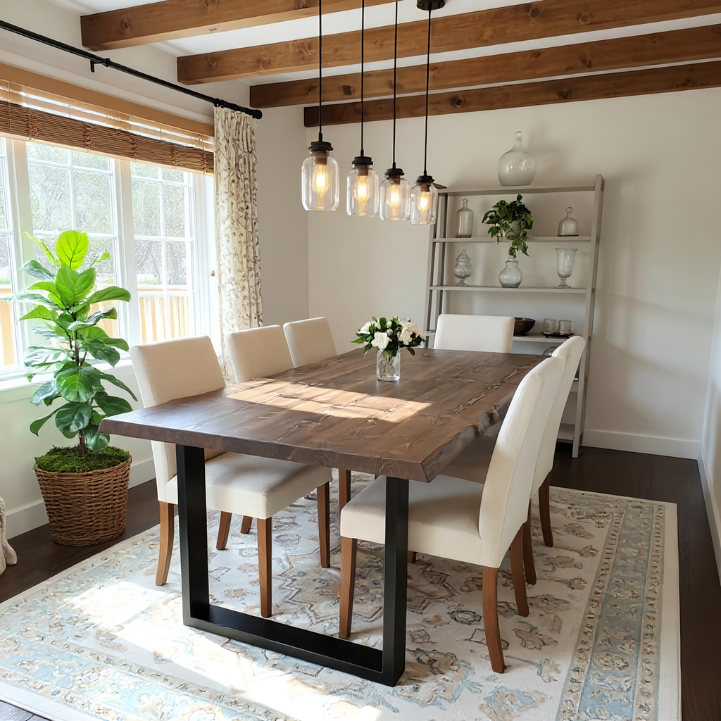 Live / Waney Walnut Colour Edge Dining Table With Metal Legs - My Store