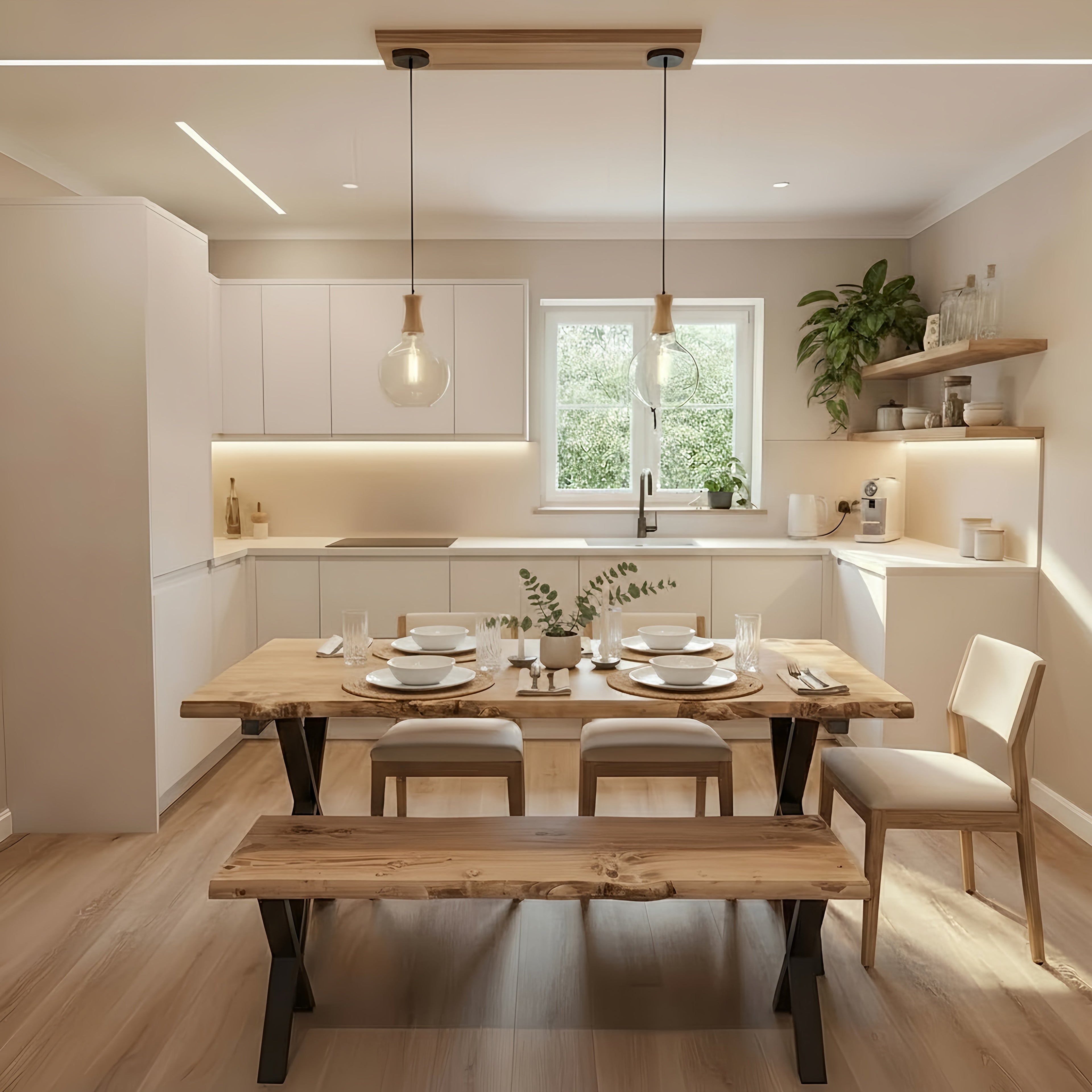 Live / Waney Edge Dining Table With Bench and X Cross Metal Legs - My Store