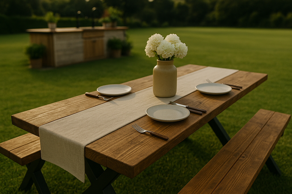 Outdoor Farmhouse Dining Table With Bench and Black Metal Cross Legs - My Store