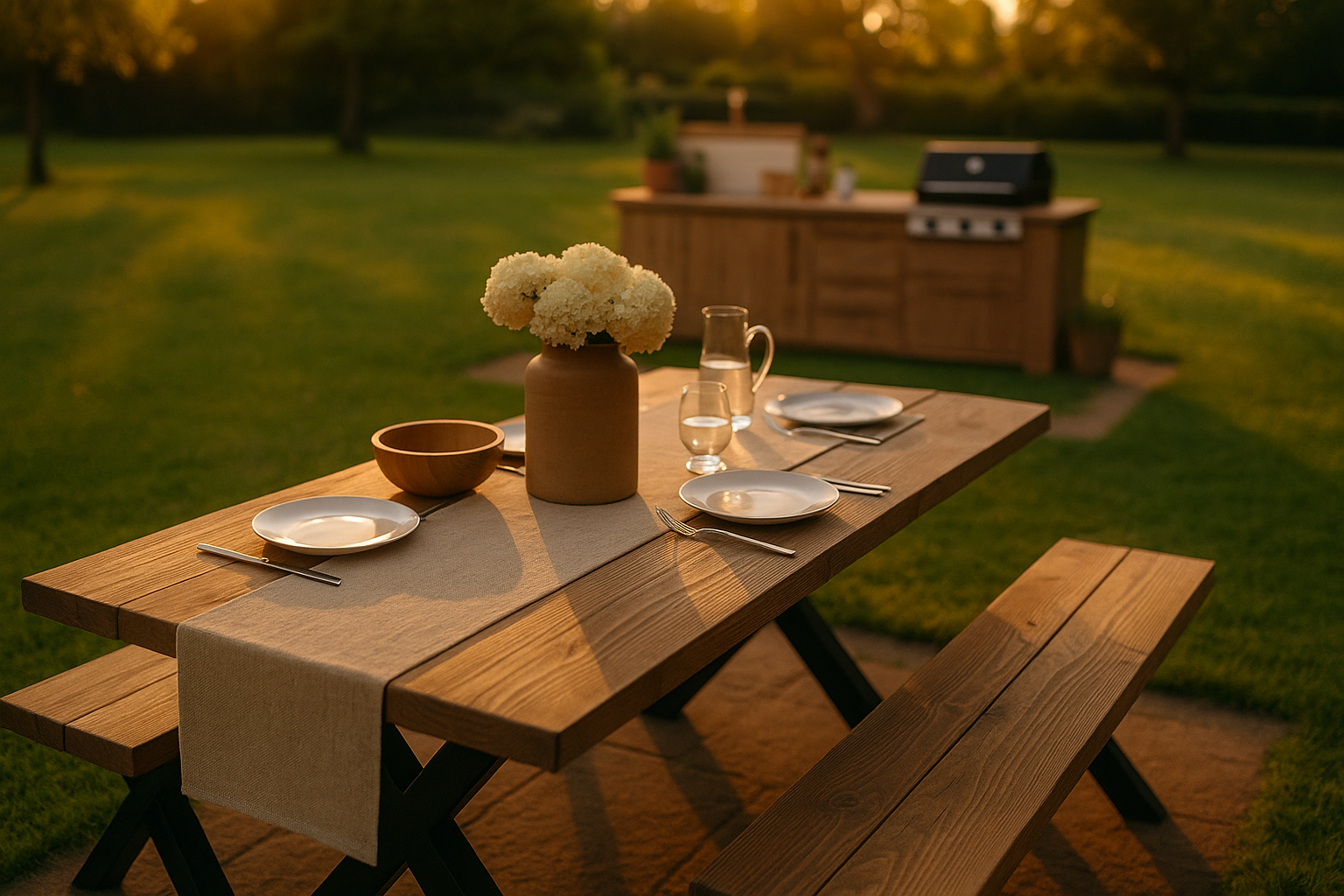 Outdoor Farmhouse Dining Table With Bench and Black Metal Cross Legs - My Store