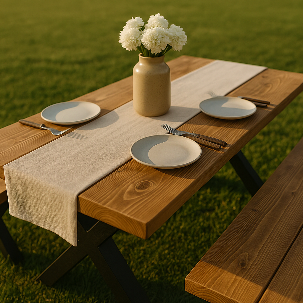 Outdoor Farmhouse Dining Table With Bench and Black Metal Cross Legs - My Store