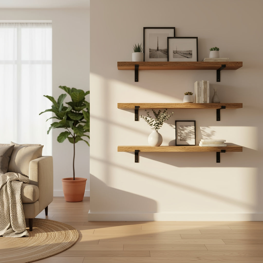 Rustic Wooden Shelf with Lipped Metal Brackets - My Store