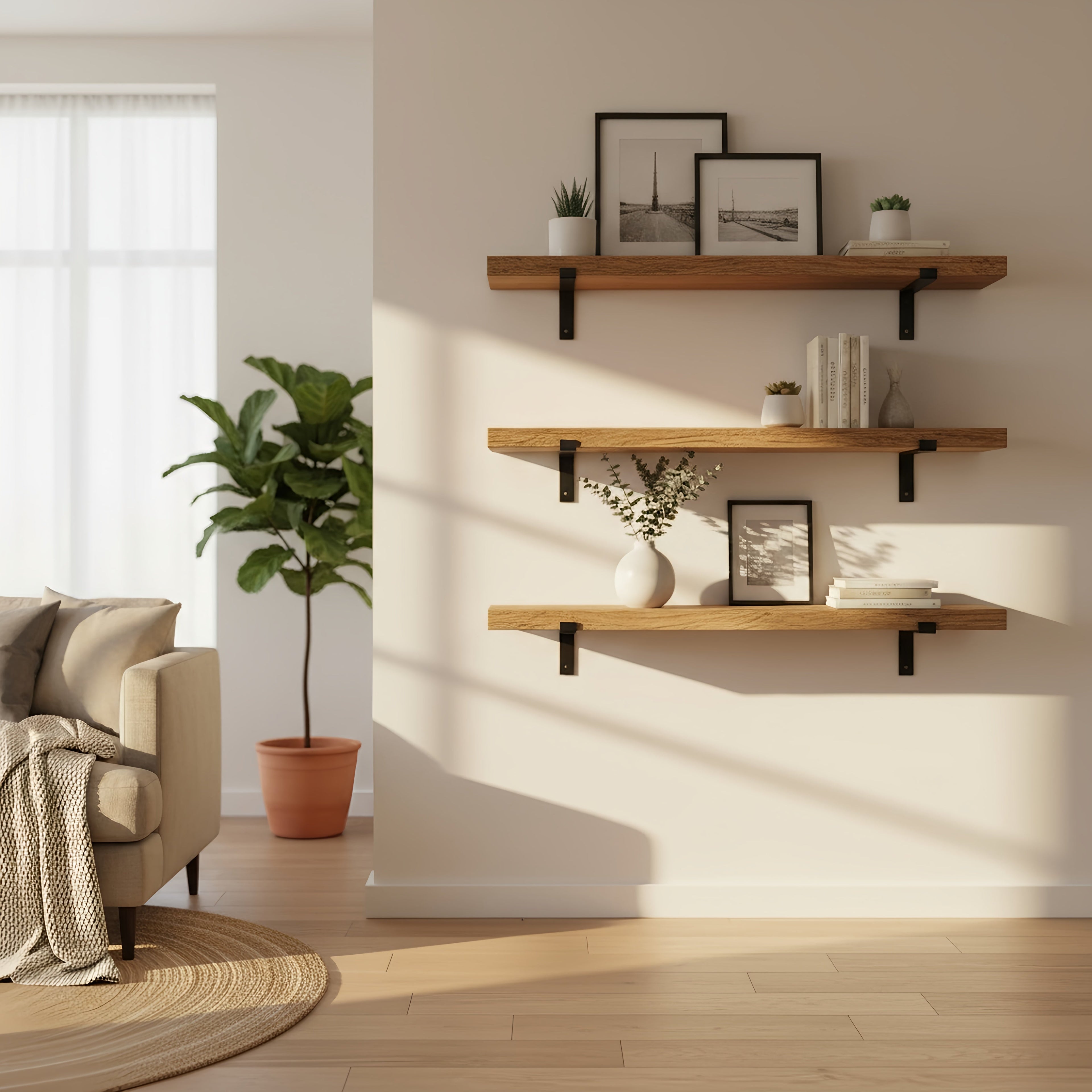 Rustic Wooden Shelf with Lipped Metal Brackets - My Store