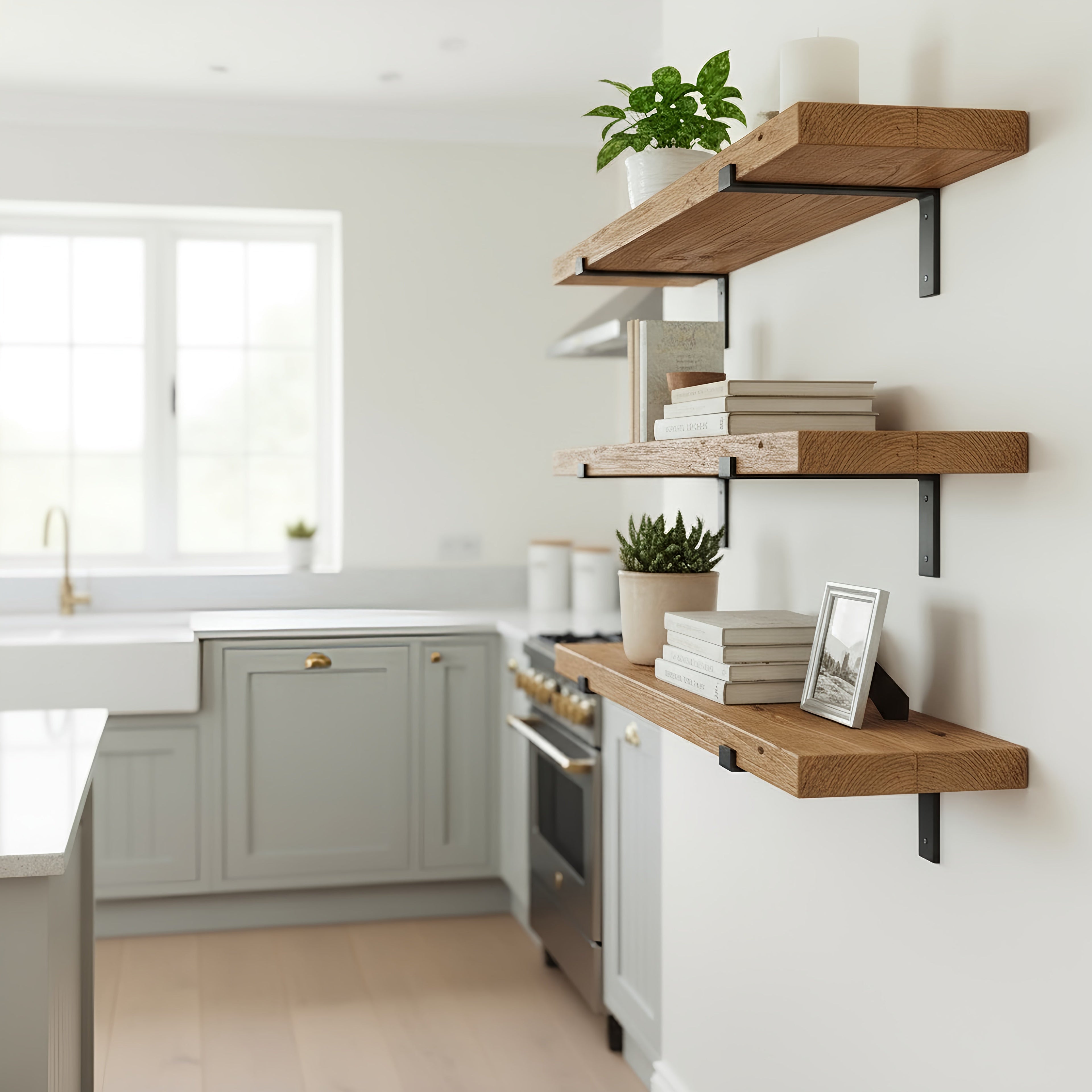 Rustic Wooden Shelf with Lipped Metal Brackets - My Store