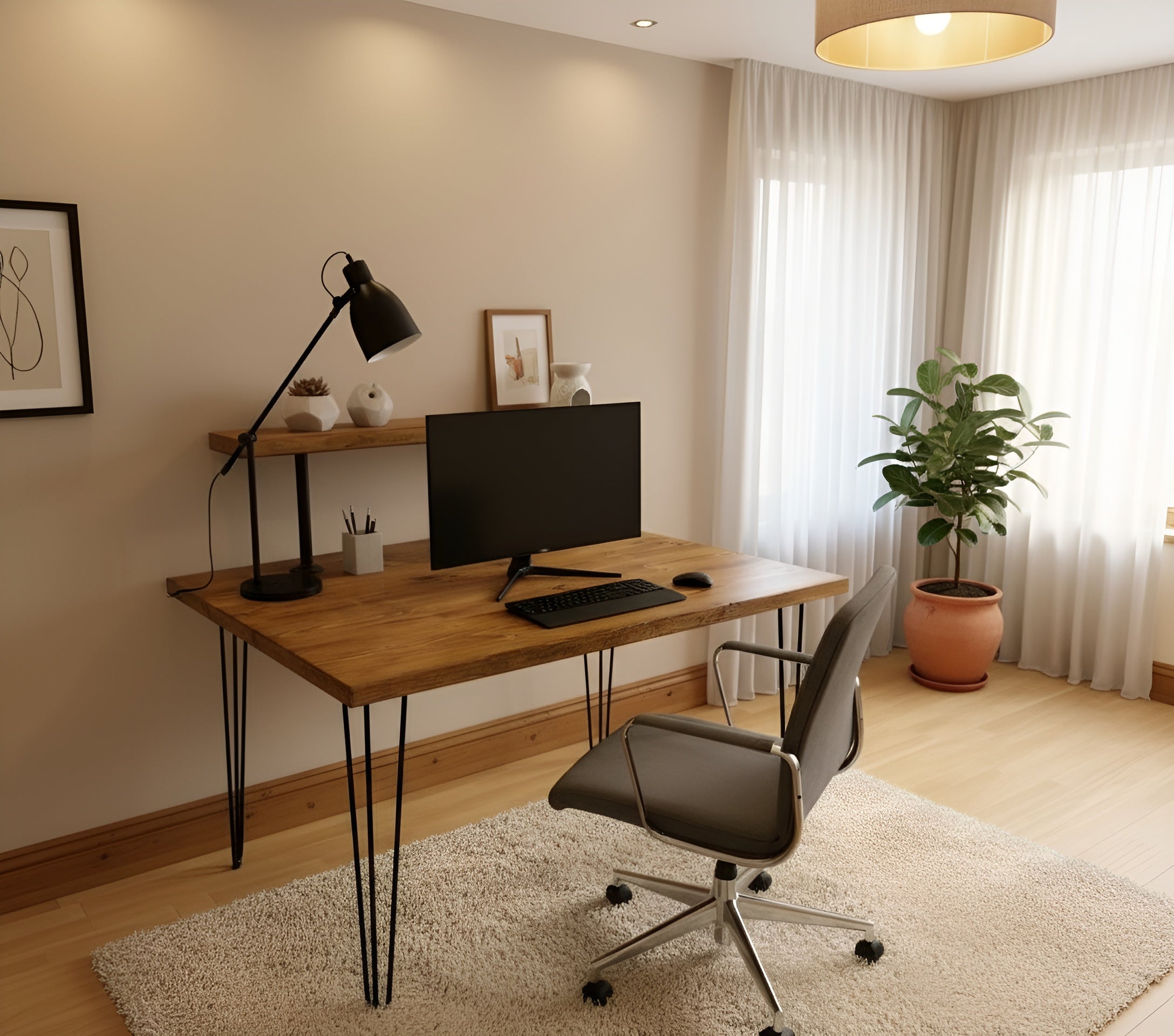Handcrafted Wooden Study Desk with Shelf & Hairpin Legs - My Store