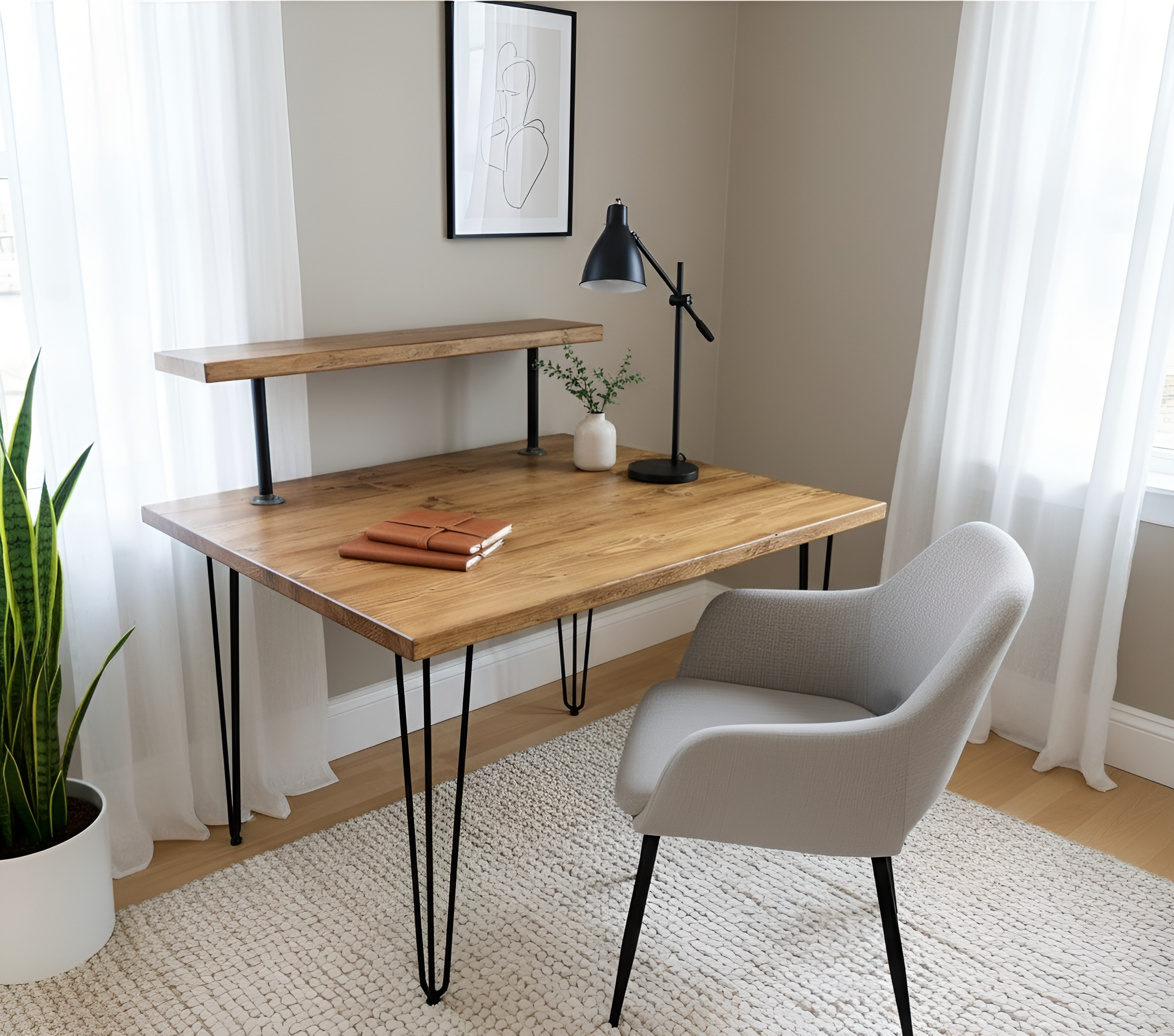 Handcrafted Wooden Study Desk with Shelf & Hairpin Legs - My Store