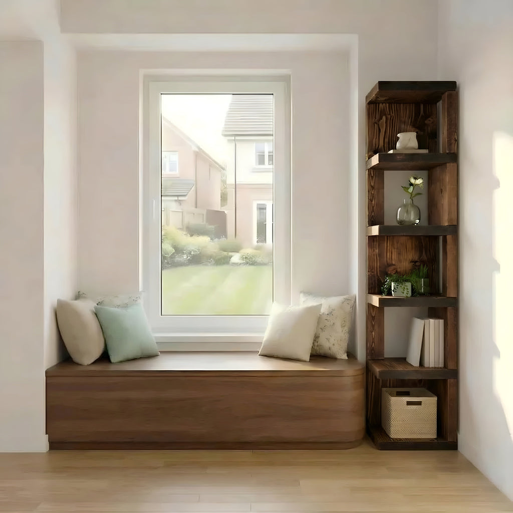 Valora Solid Wood Corner Bookshelf In Walnut Colour – Natural Finish Open Bookcase, Rustic Scandinavian Design - My Store