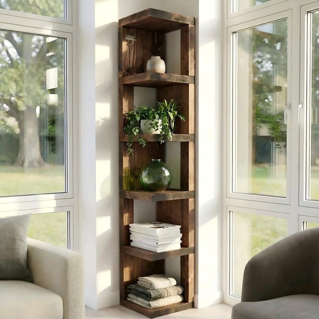 Valora Solid Wood Corner Bookshelf In Walnut Colour – Natural Finish Open Bookcase, Rustic Scandinavian Design - My Store