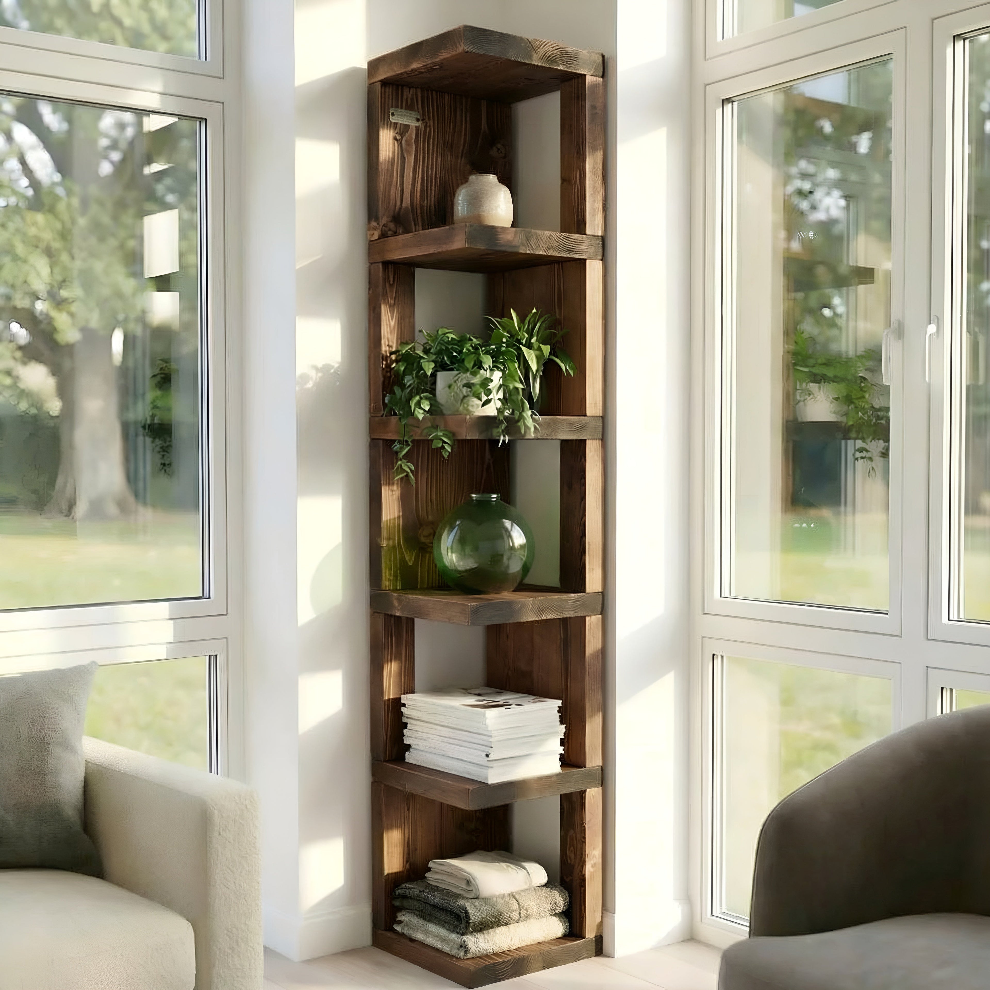 Valora Solid Wood Corner Bookshelf In Walnut Colour – Natural Finish Open Bookcase, Rustic Scandinavian Design - My Store