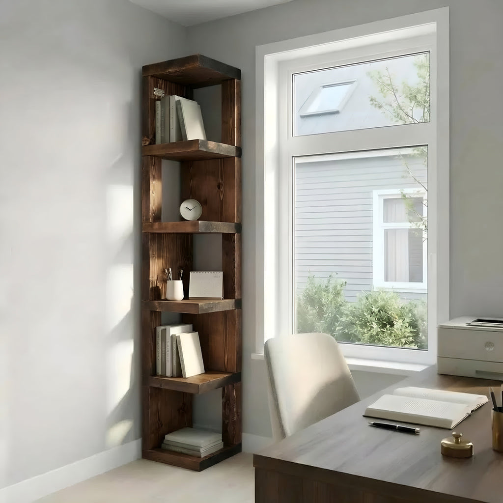 Valora Solid Wood Corner Bookshelf In Walnut Colour – Natural Finish Open Bookcase, Rustic Scandinavian Design - My Store
