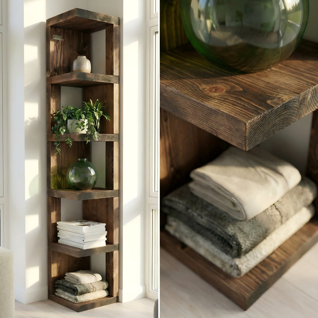 Valora Solid Wood Corner Bookshelf In Walnut Colour – Natural Finish Open Bookcase, Rustic Scandinavian Design - My Store