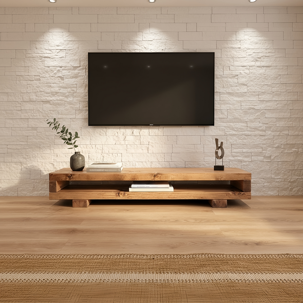 VIOT Low Solid Wood Chunky TV Unit Dark Oak Colour - My Store