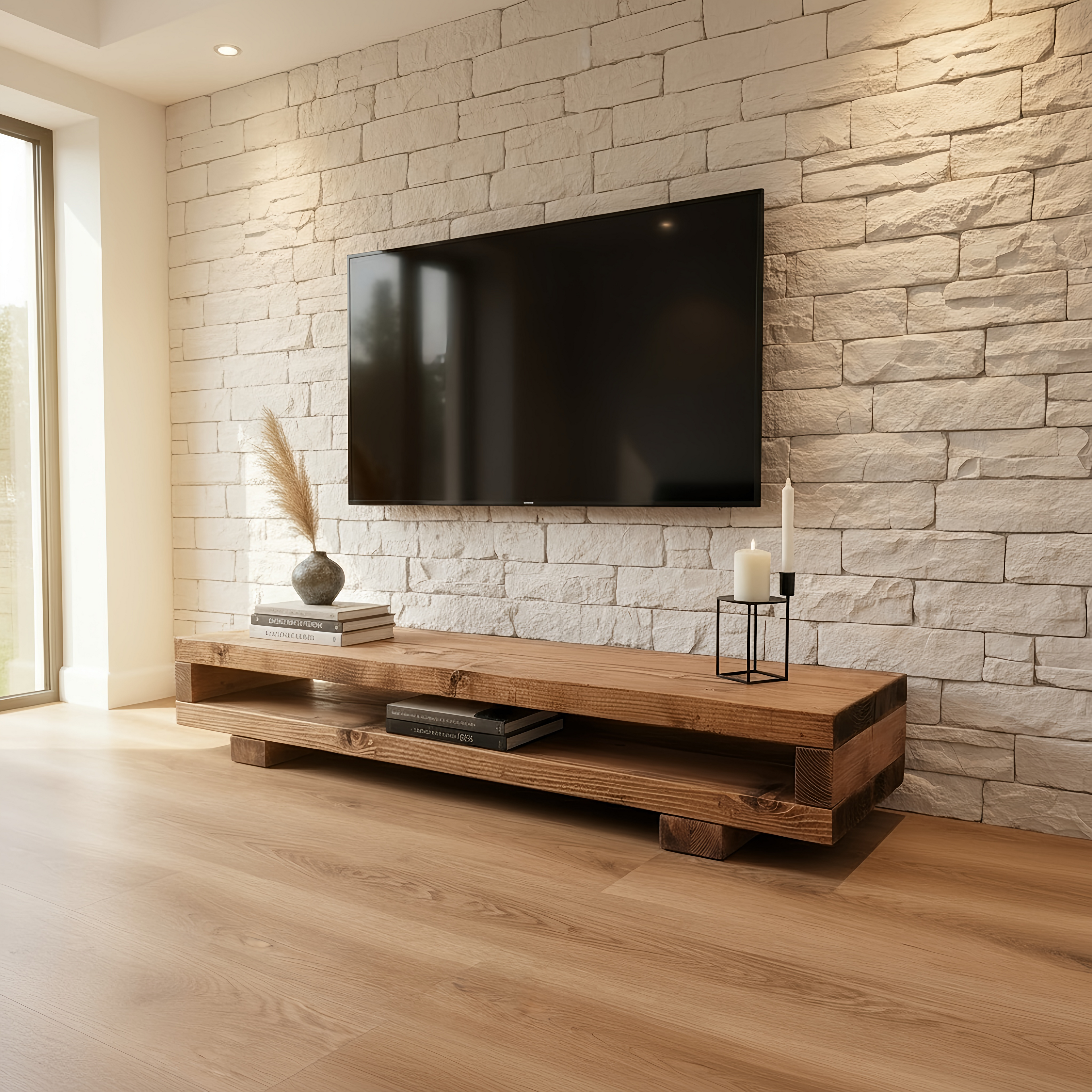 VIOT Low Solid Wood Chunky TV Unit Dark Oak Colour - My Store