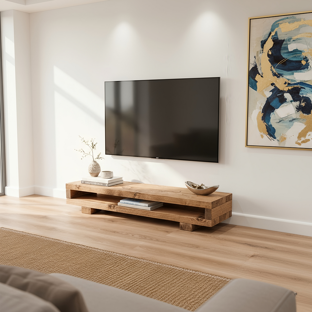 VIOT Low Solid Wood Chunky TV Unit Dark Oak Colour - My Store