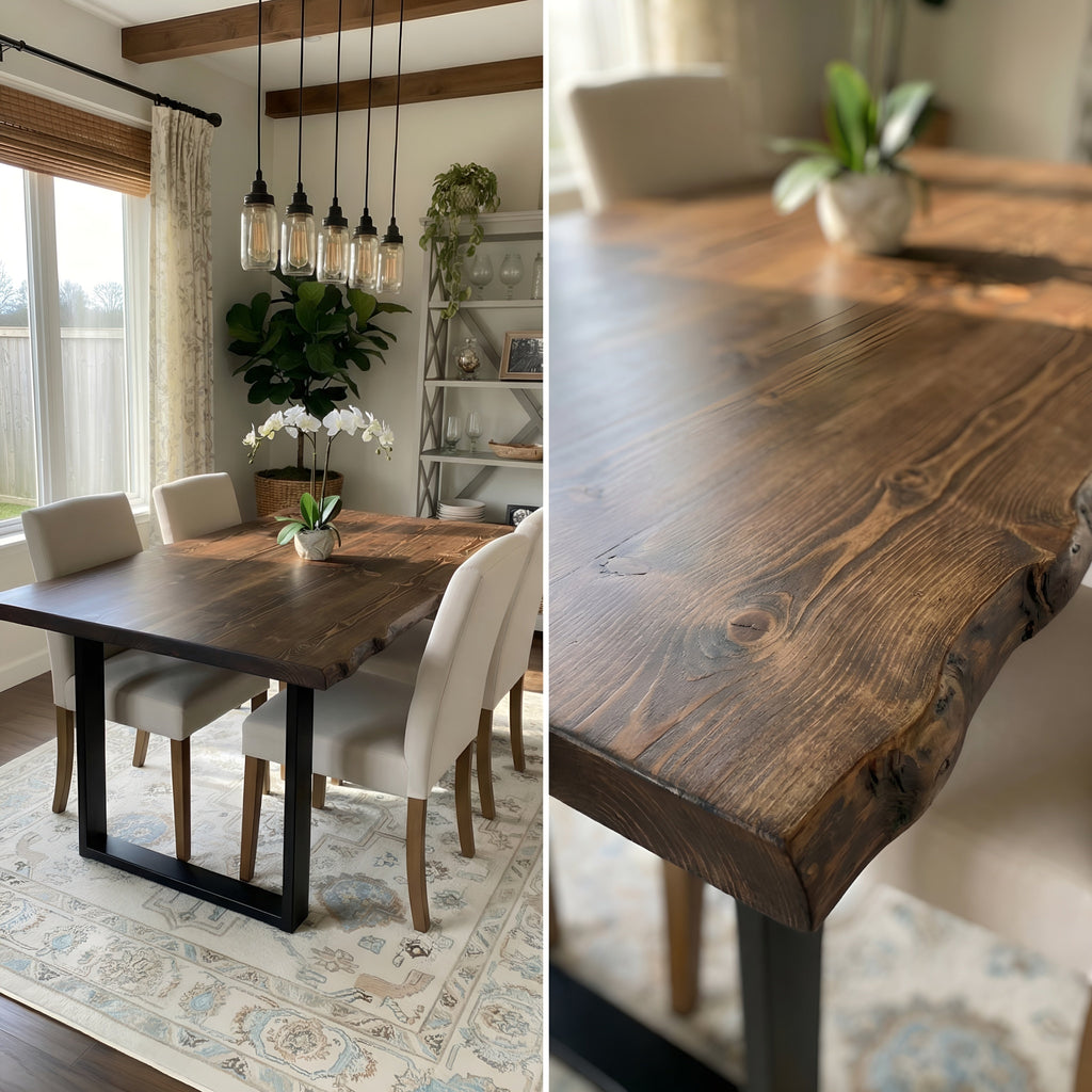 Live / Waney Walnut Colour Edge Dining Table With Metal Legs - My Store