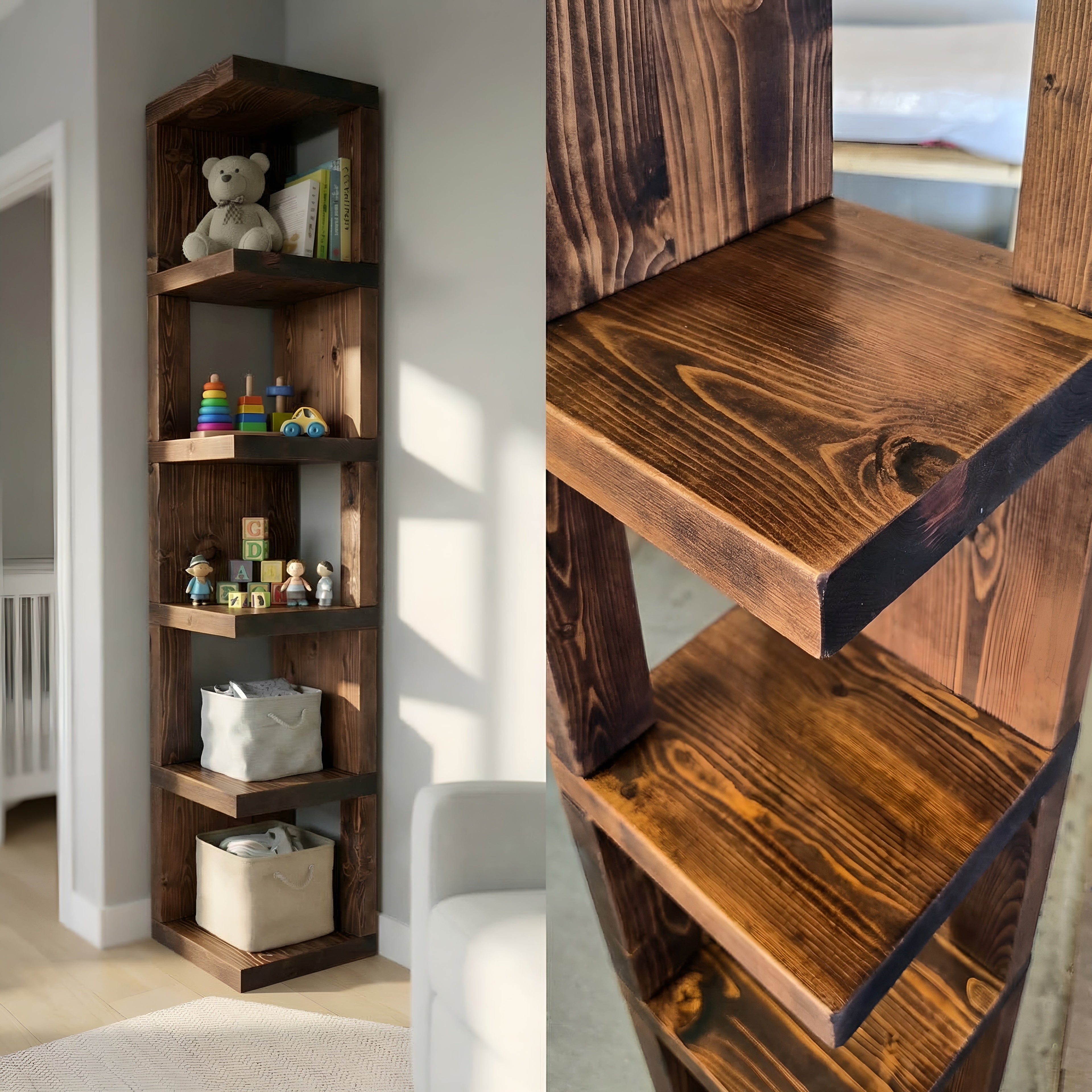 Valora Solid Wood Corner Bookshelf In Walnut Colour – Natural Finish Open Bookcase, Rustic Scandinavian Design - My Store