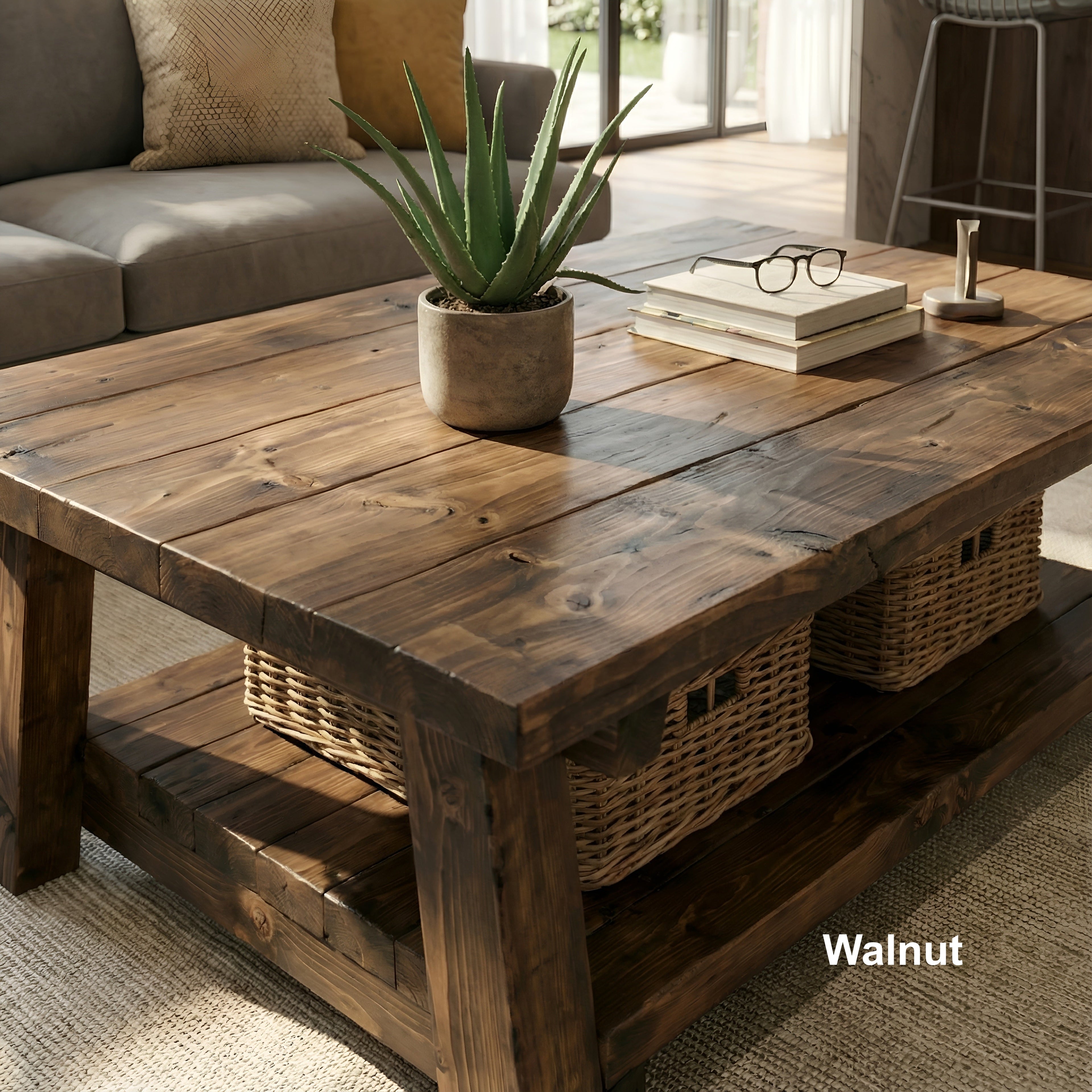 Large ARBA Rustic Wooden Coffee Table With Shelf In Walnut - My Store