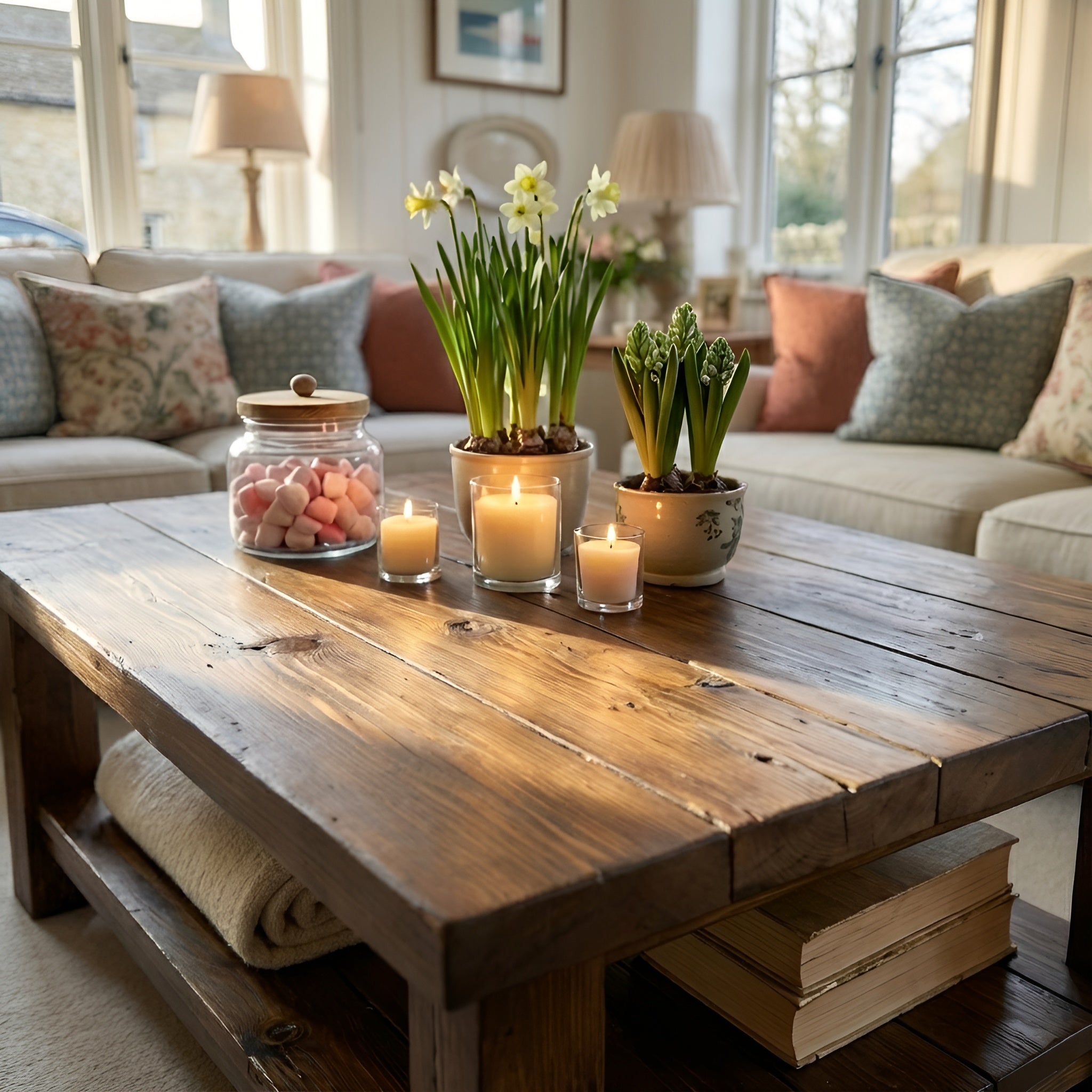 Large ARBA Rustic Wooden Coffee Table With Shelf In Walnut - My Store