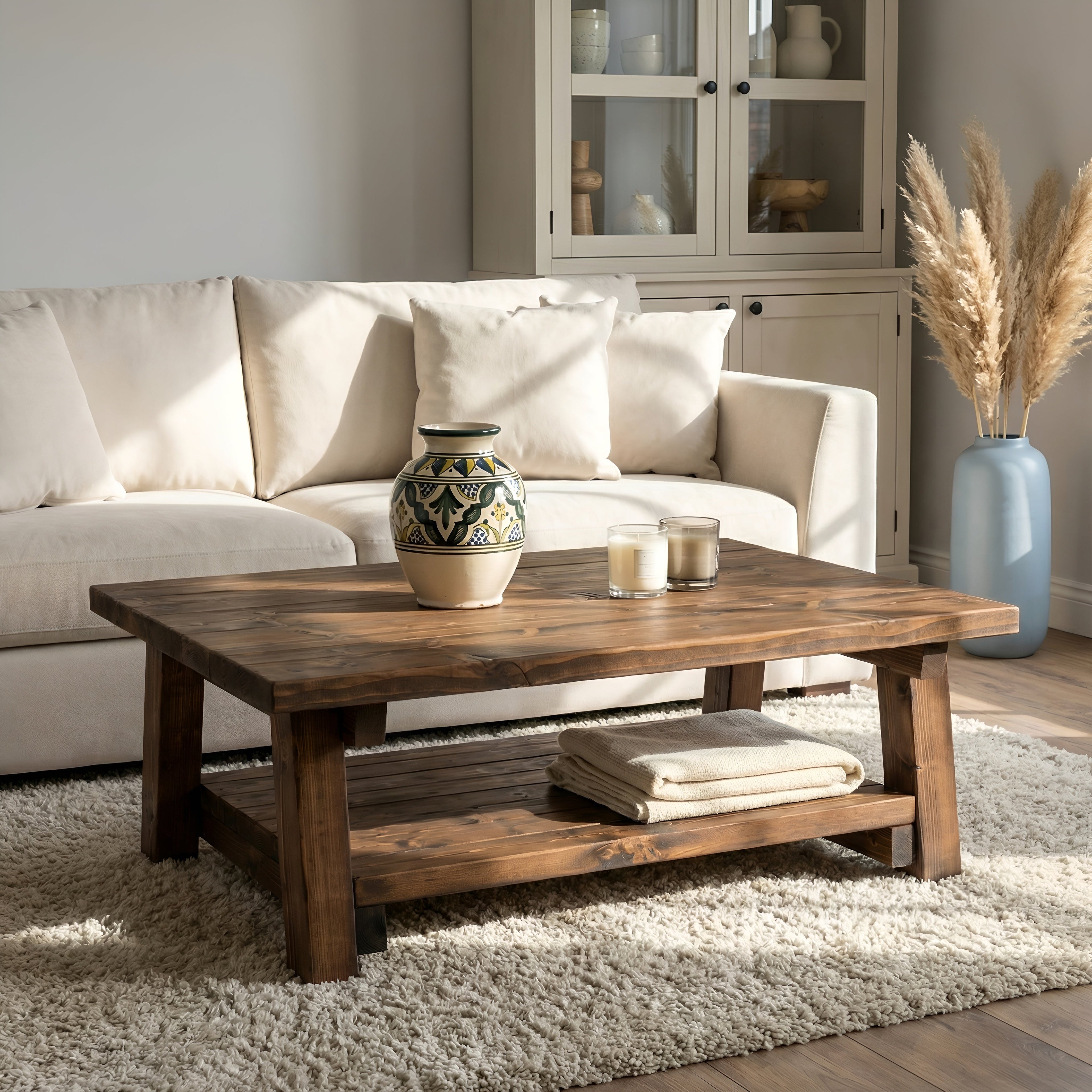 Large ARBA Rustic Wooden Coffee Table With Shelf In Walnut - My Store