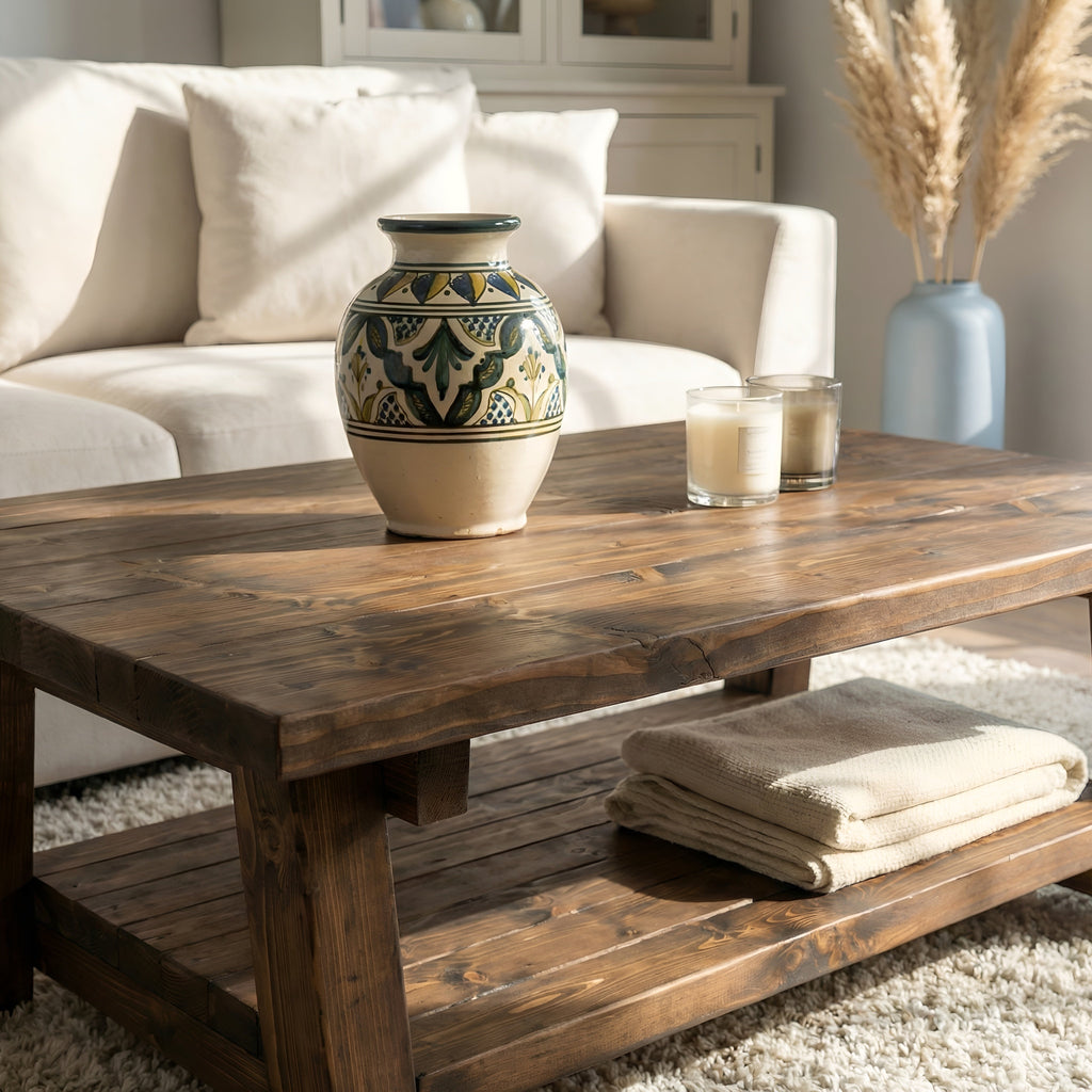Large ARBA Rustic Wooden Coffee Table With Shelf In Walnut - My Store