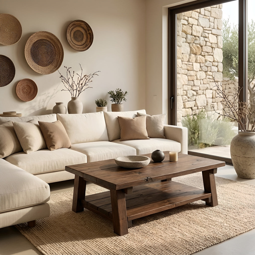Large ARBA Rustic Wooden Coffee Table With Shelf In Walnut - My Store