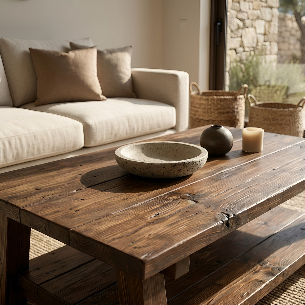 Large ARBA Rustic Wooden Coffee Table With Shelf In Walnut - My Store