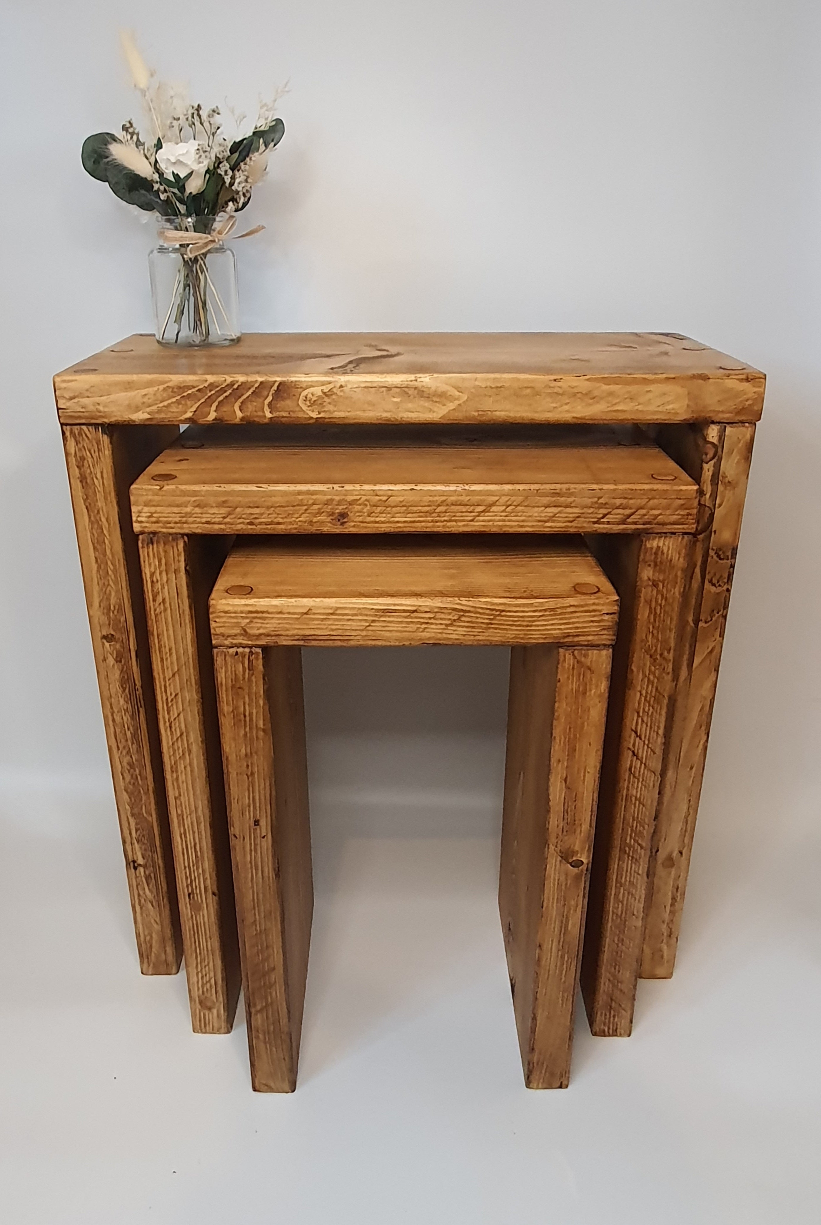 Set of 3 Solid Wood Rustic Nest Of Tables with Timber Legs - My Store