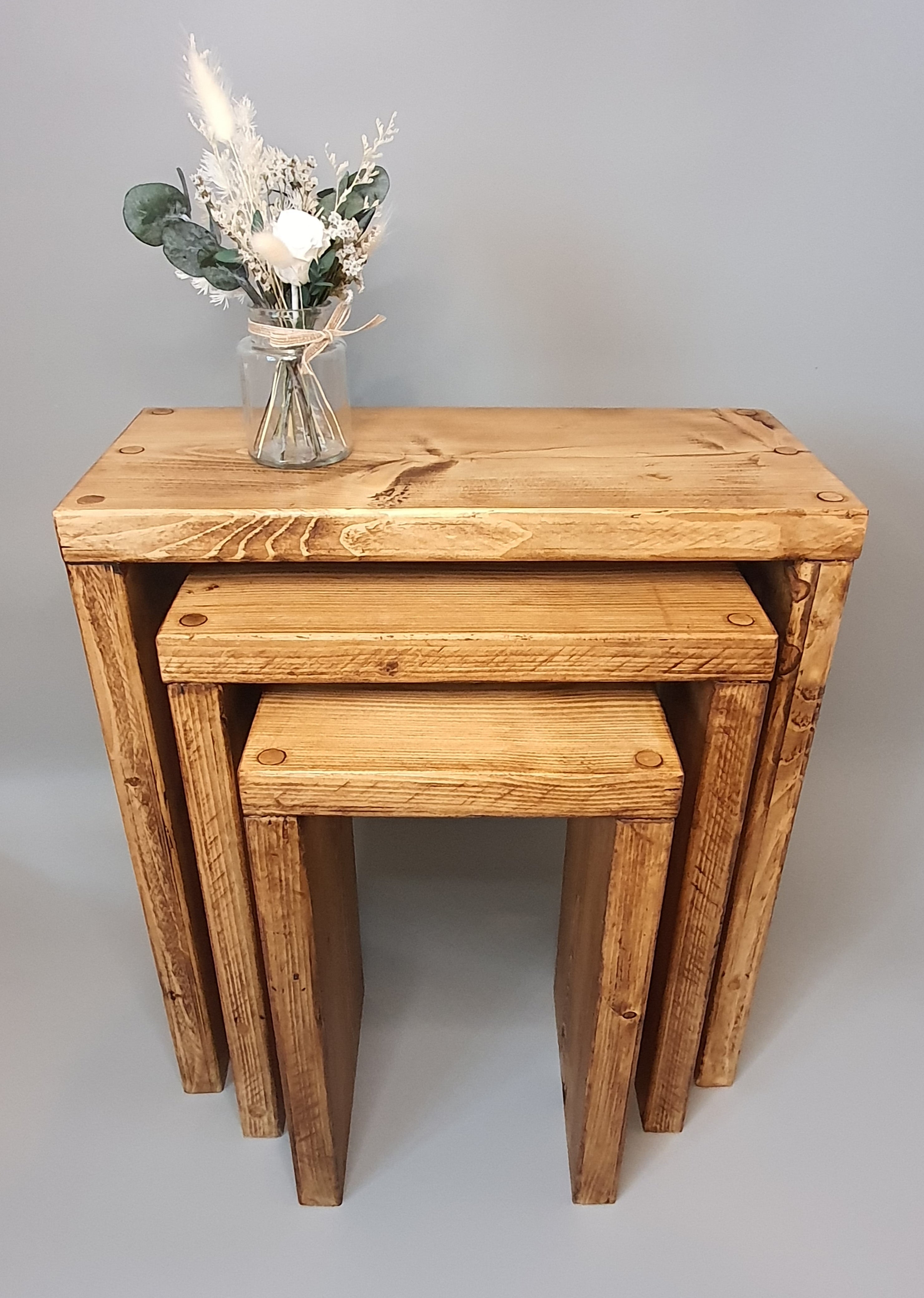 Set of 3 Solid Wood Rustic Nest Of Tables with Timber Legs - My Store