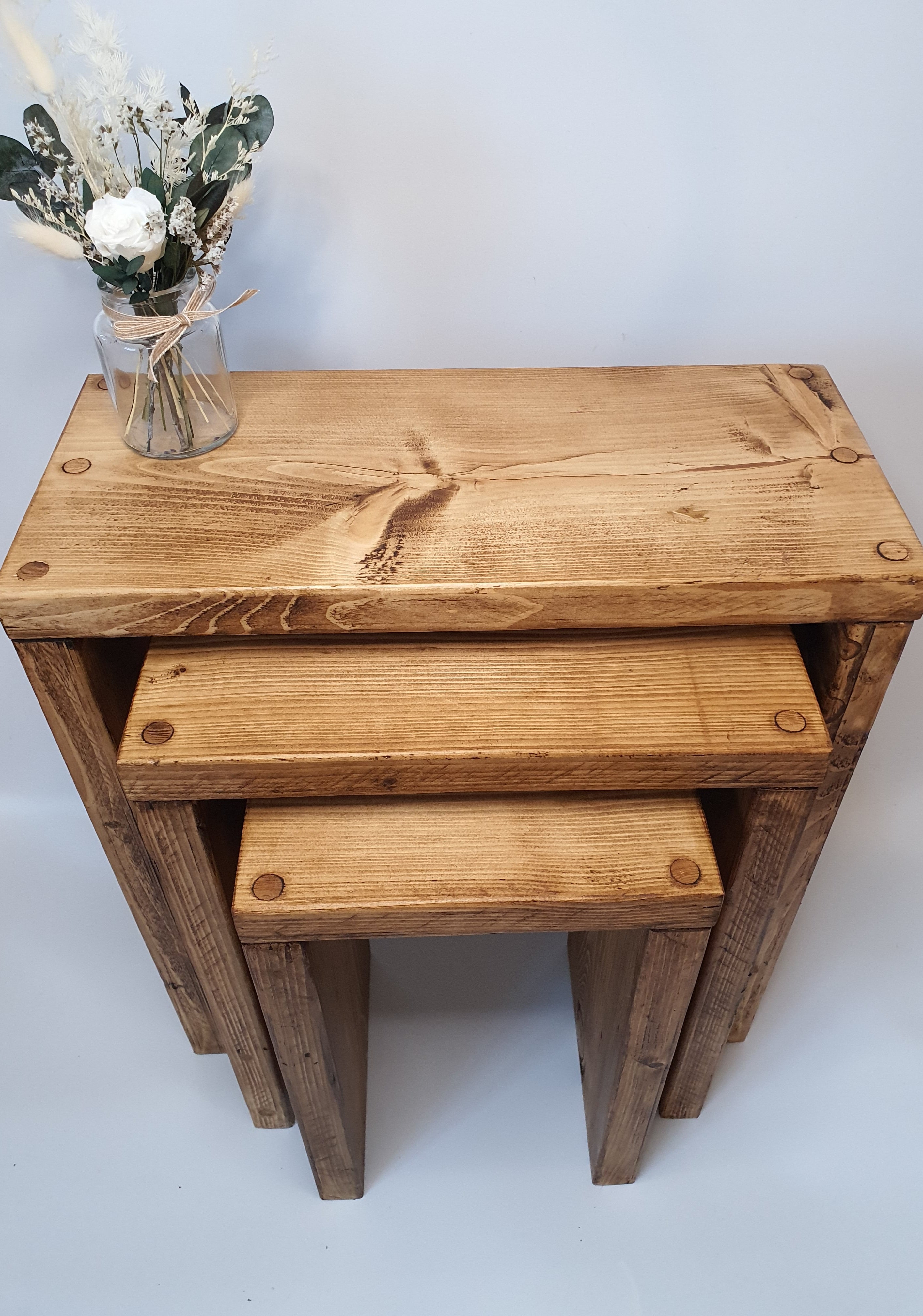 Set of 3 Solid Wood Rustic Nest Of Tables with Timber Legs - My Store