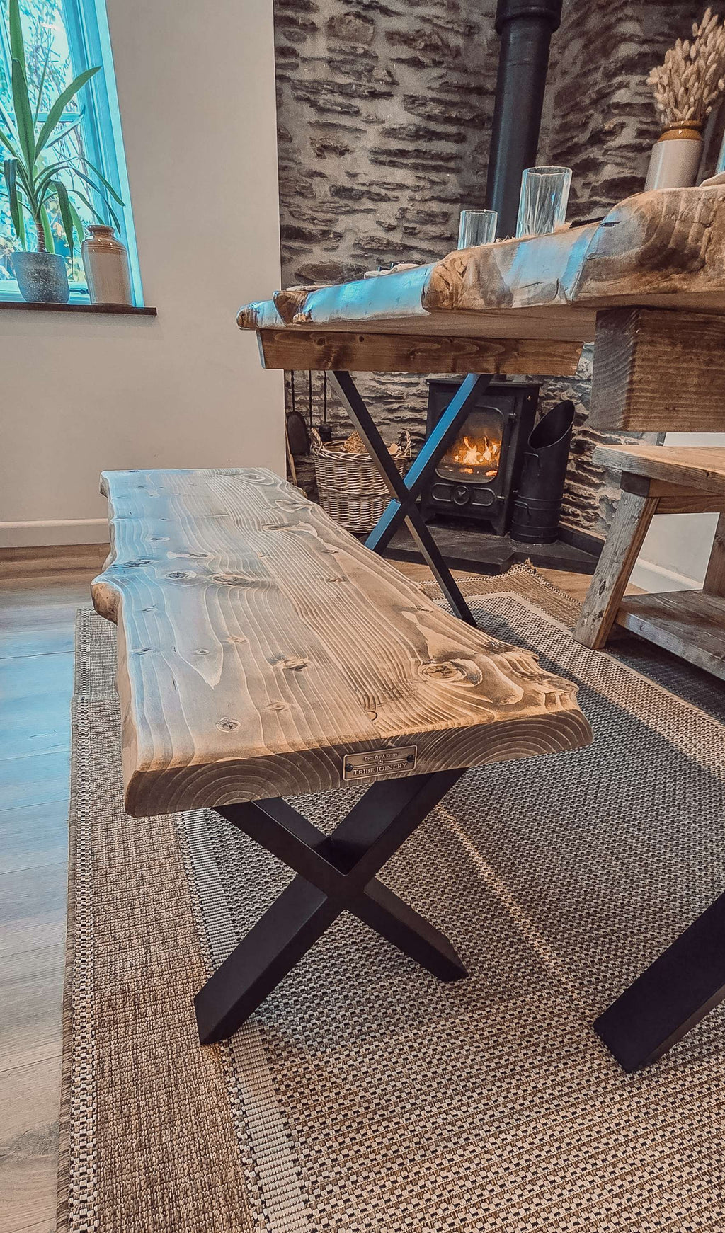 Live / Waney Edge Dining Table With Bench and X Cross Metal Legs - My Store