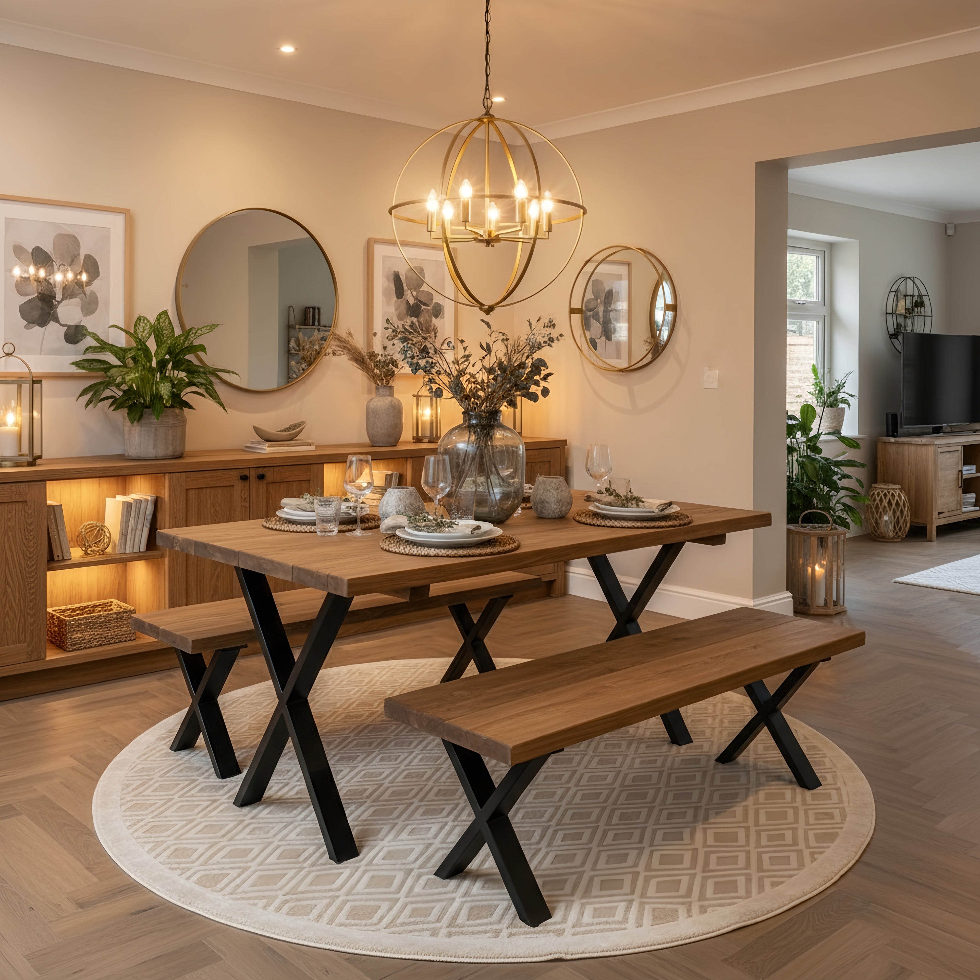 Farmhouse Dining Table With Bench and Black Metal Cross Legs - My Store