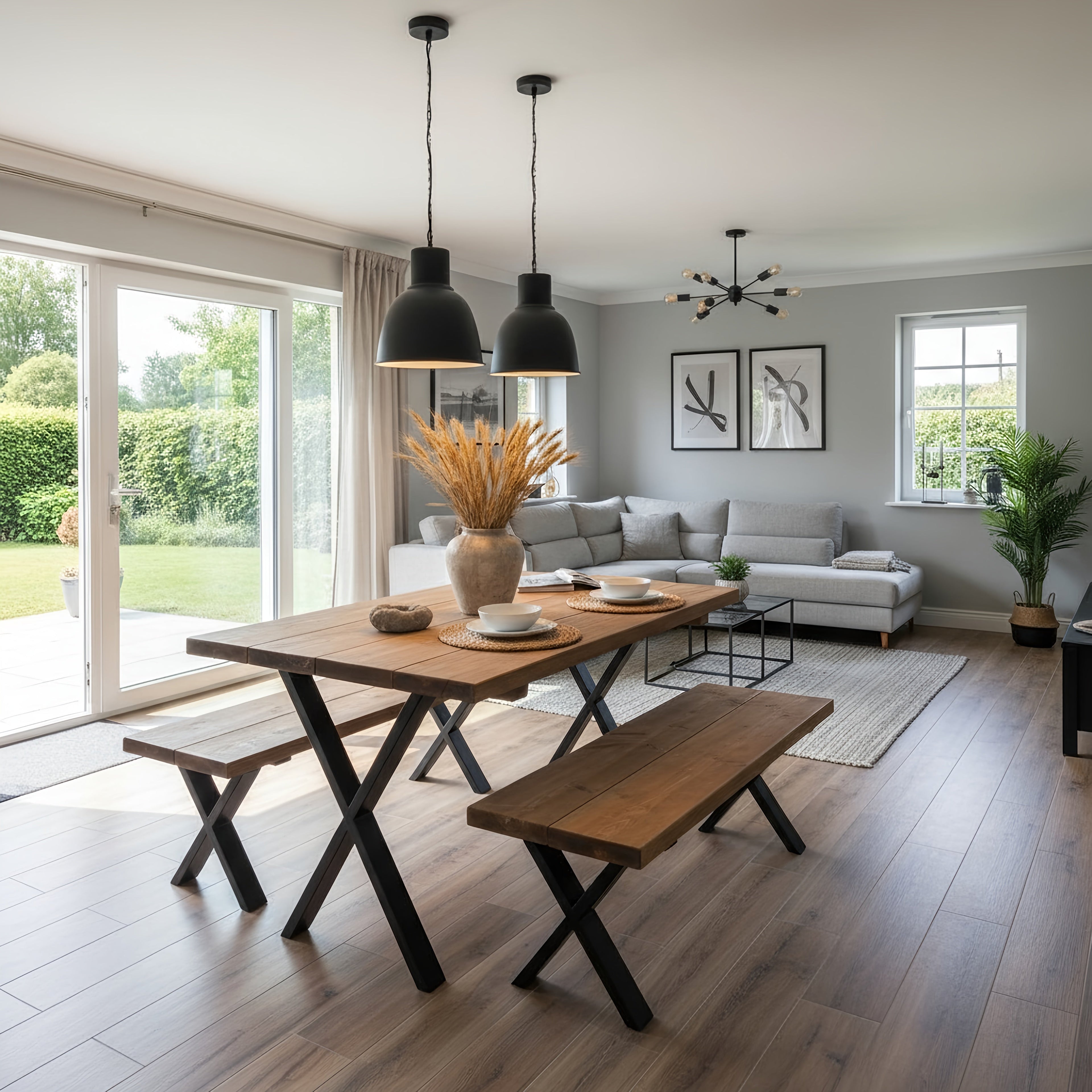 Farmhouse Dining Table With Bench and Black Metal Cross Legs - My Store