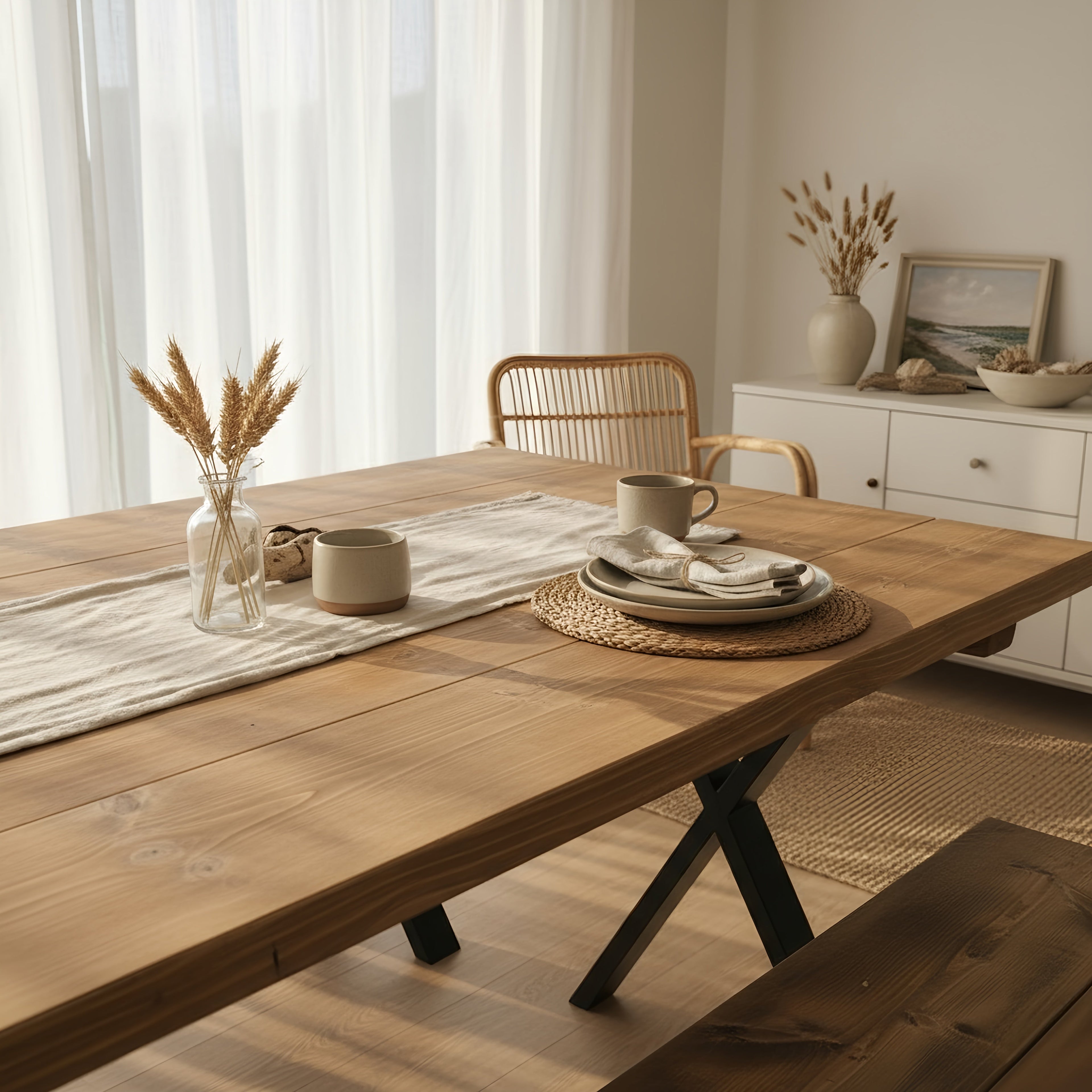 Farmhouse Dining Table With Bench and Black Metal Cross Legs - My Store