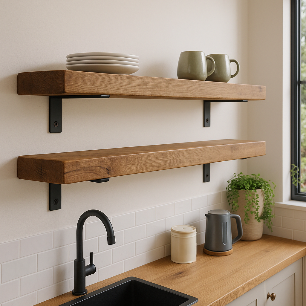 Rustic Wooden Shelf with Metal Brackets - My Store