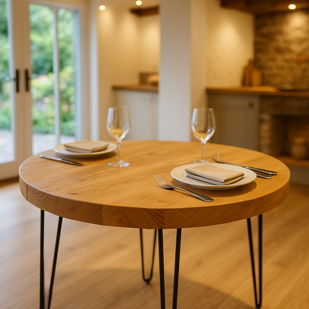 Solid Oak Round Dining Table With Hairpin Legs - My Store