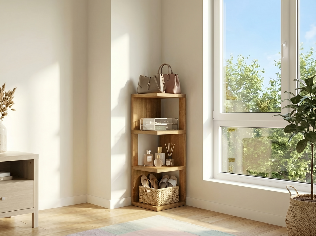 Valora Solid Wood Corner Bookshelf – Natural Finish Open Bookcase, Rustic Scandinavian Design - My Store