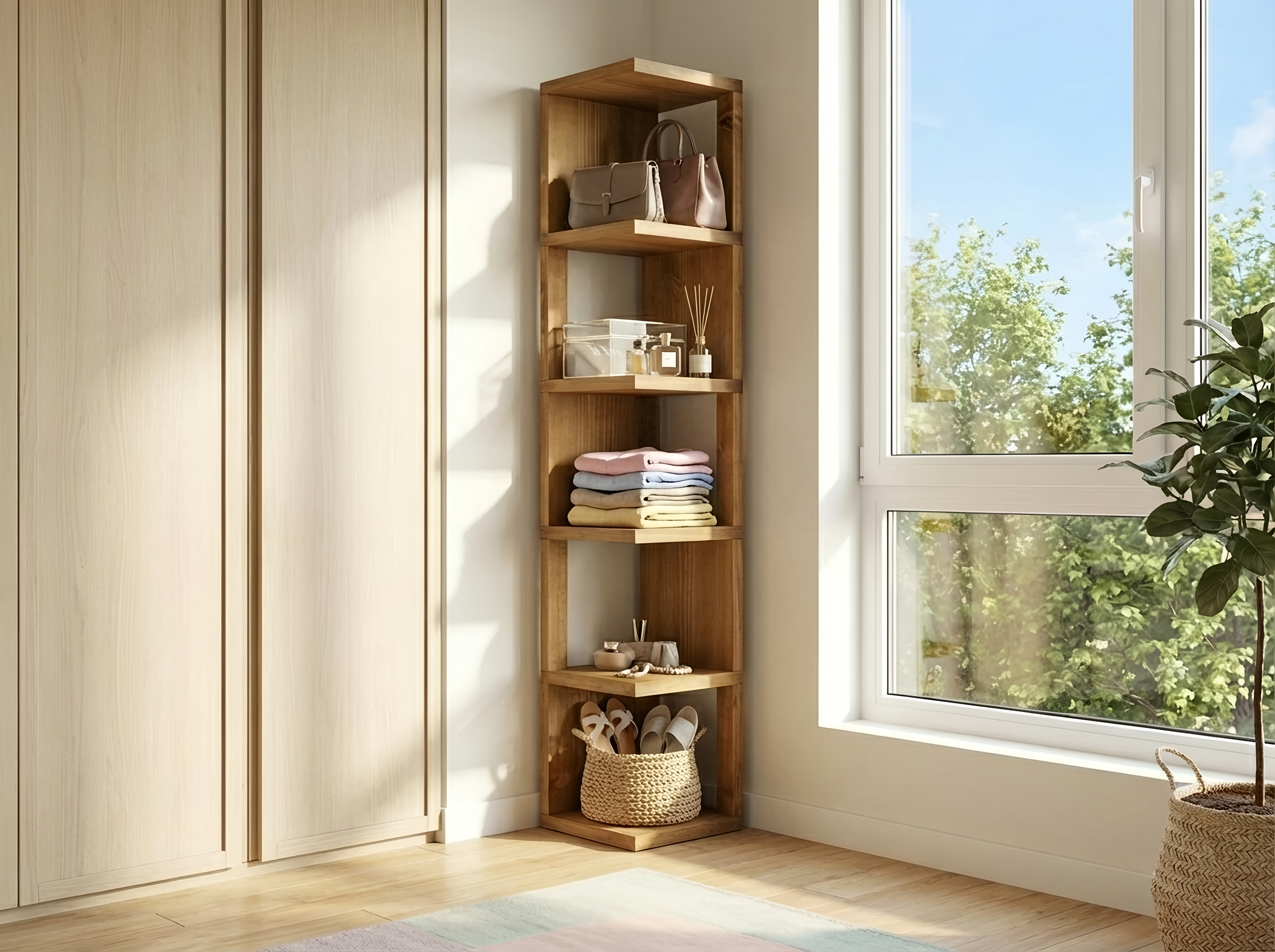 Valora Solid Wood Corner Bookshelf – Natural Finish Open Bookcase, Rustic Scandinavian Design - My Store