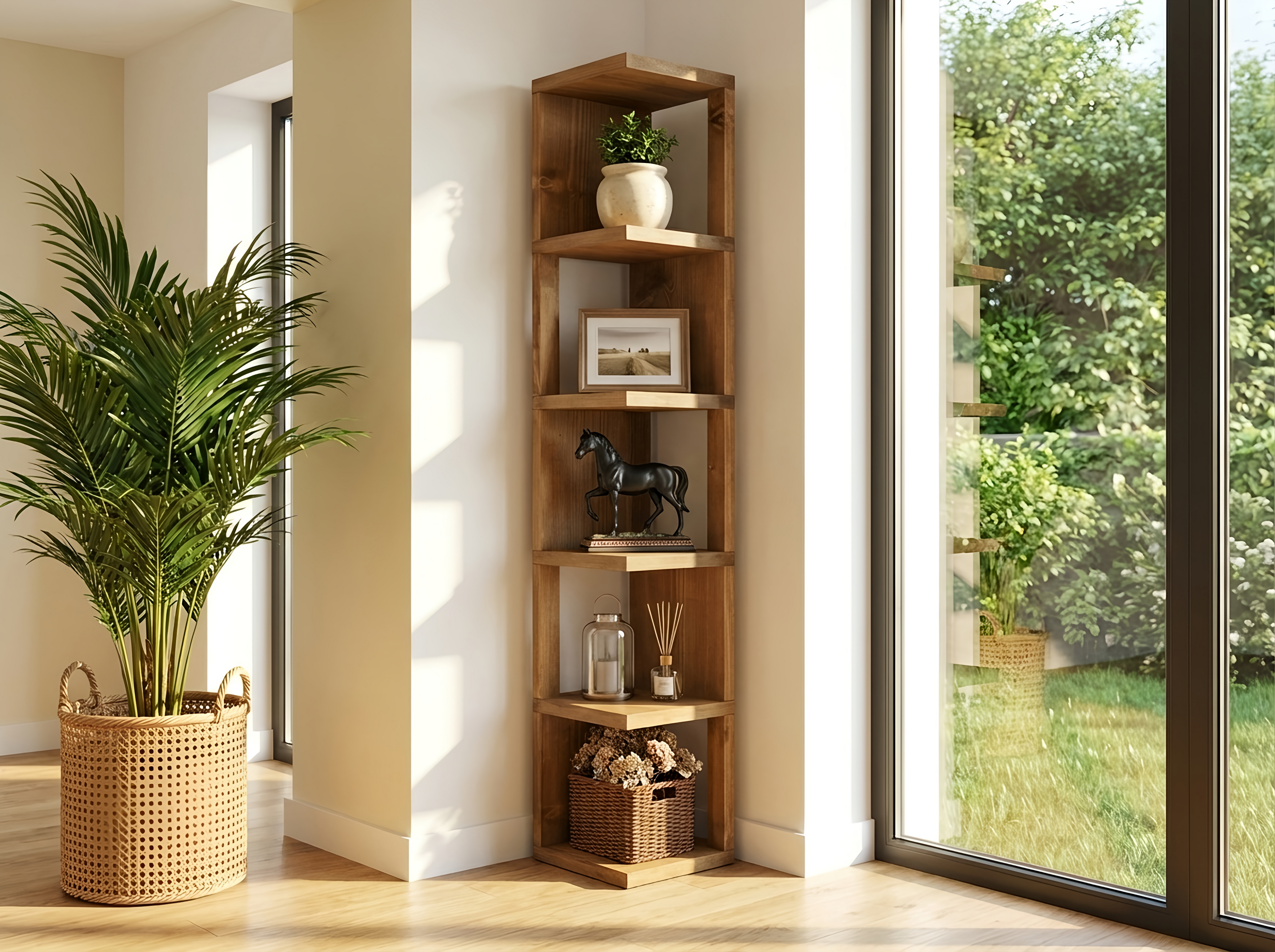 Valora Solid Wood Corner Bookshelf – Natural Finish Open Bookcase, Rustic Scandinavian Design - My Store