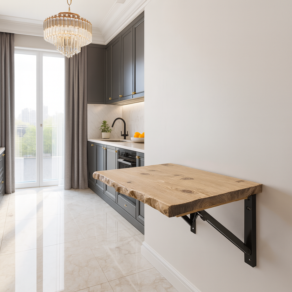 Live / Waney Edge Foldable Wall-Mounted Solid Wood Table – Rustic Wood with Heavy-Duty Black Brackets – Space-Saving Desk for Kitchen, Office, or Small Spaces - My Store