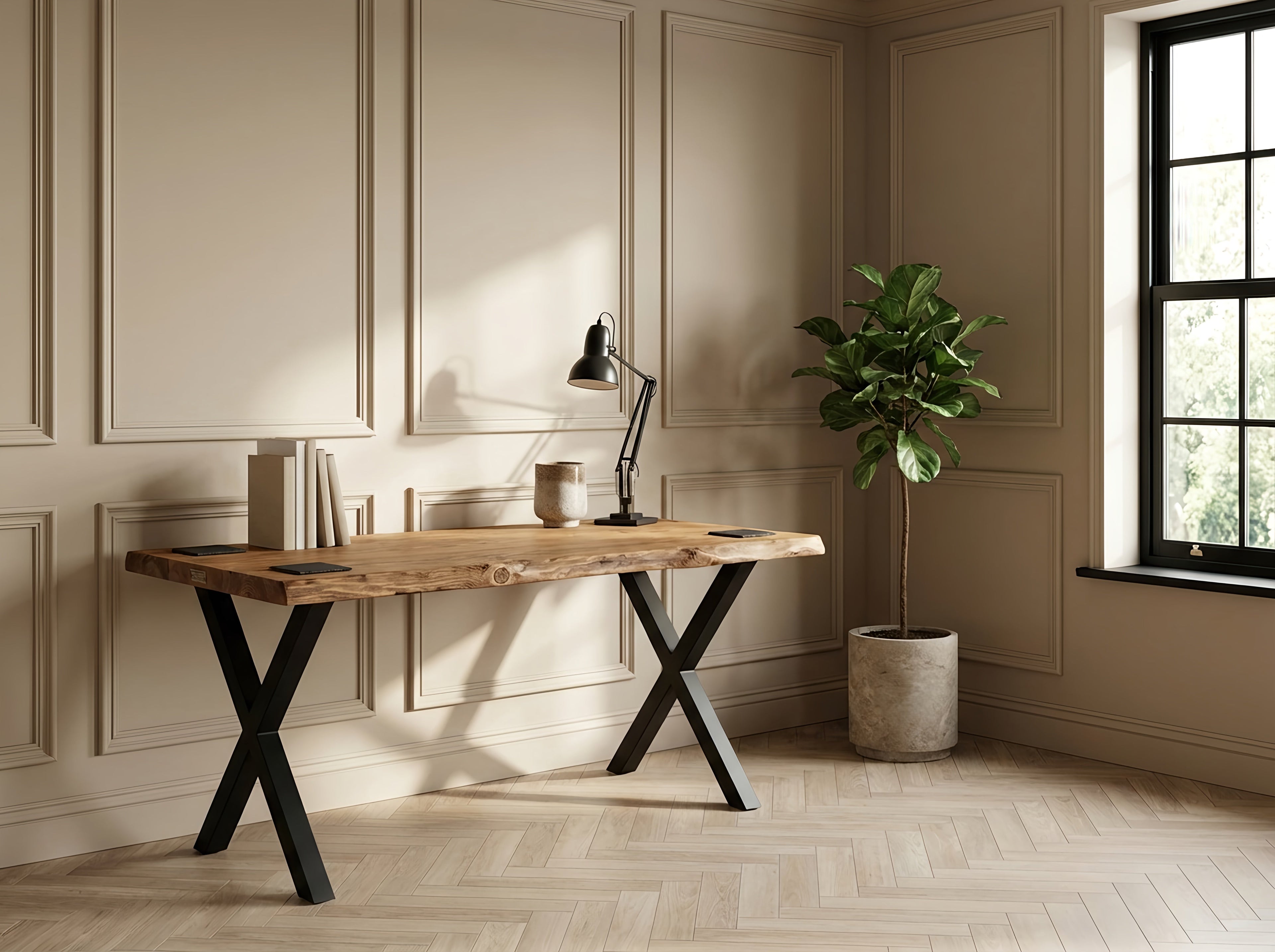 Live / Waney Edge Study Desk / Table With X Cross Metal Legs - My Store