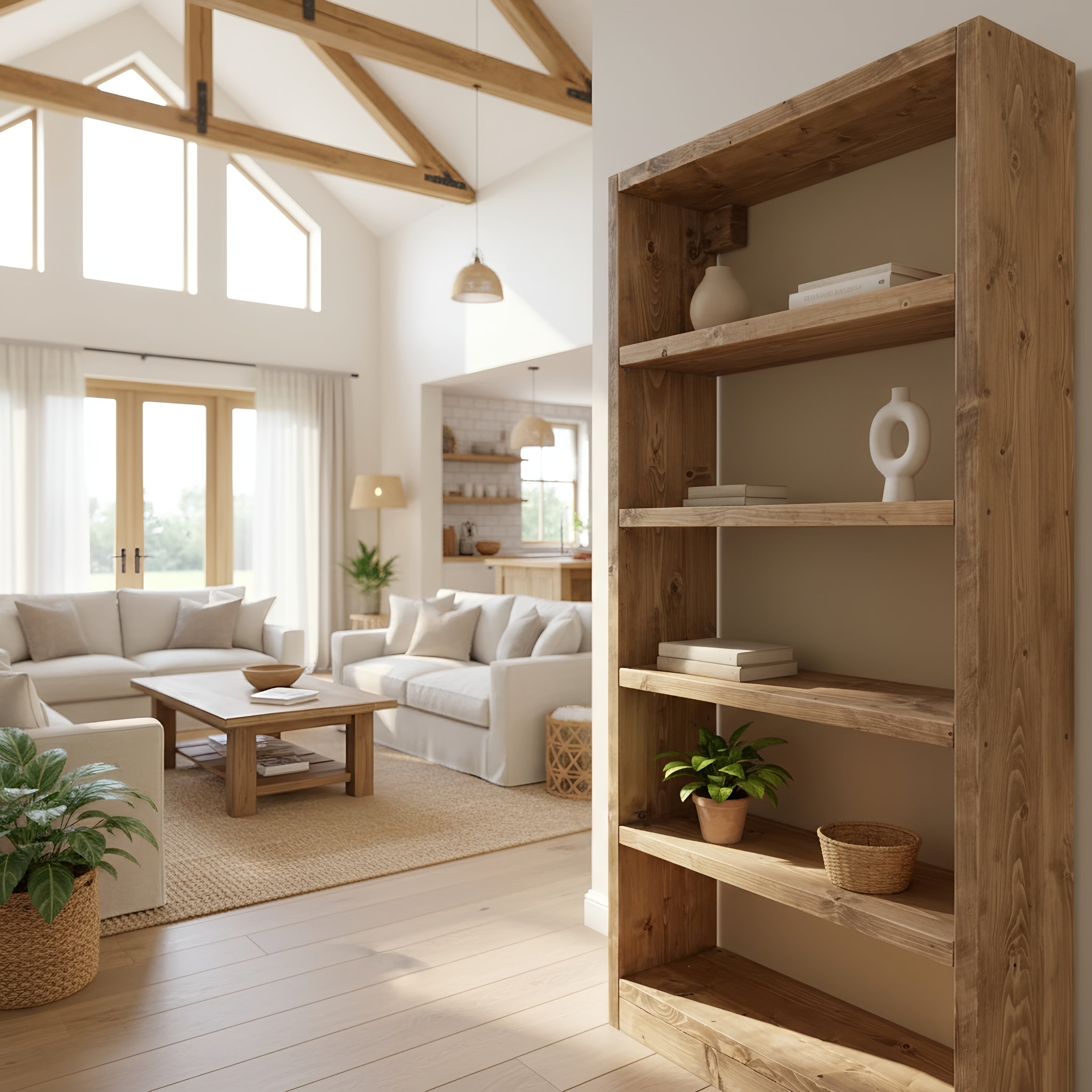 Solid Wood Bookshelf – Natural Finish Open Bookcase, Rustic Scandinavian Design - My Store