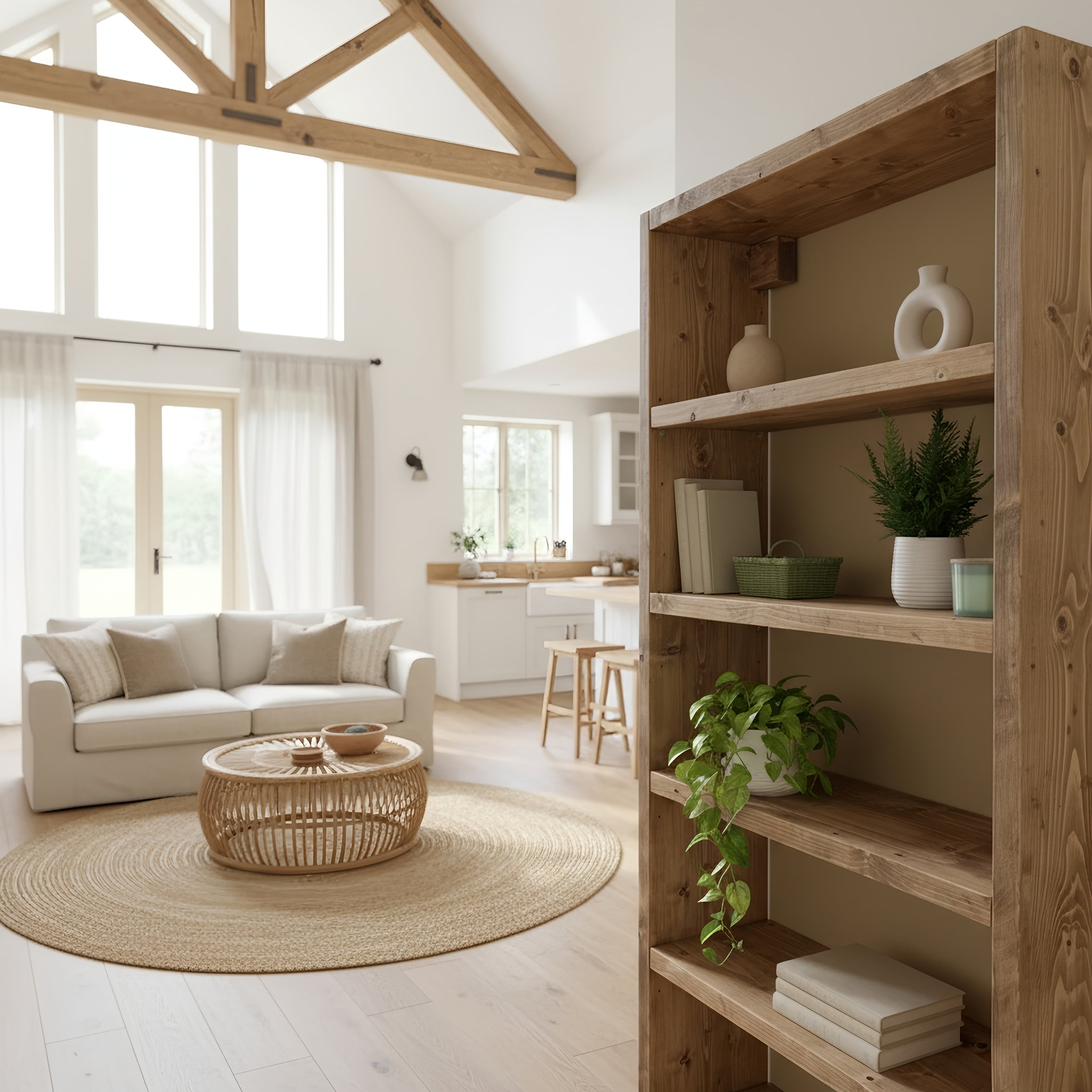 Solid Wood Bookshelf – Natural Finish Open Bookcase, Rustic Scandinavian Design - My Store