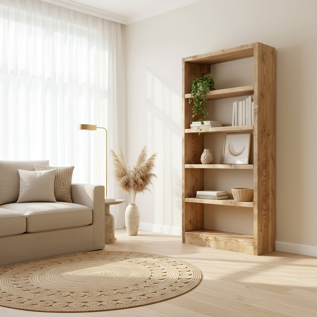 Solid Wood Bookshelf – Natural Finish Open Bookcase, Rustic Scandinavian Design - My Store