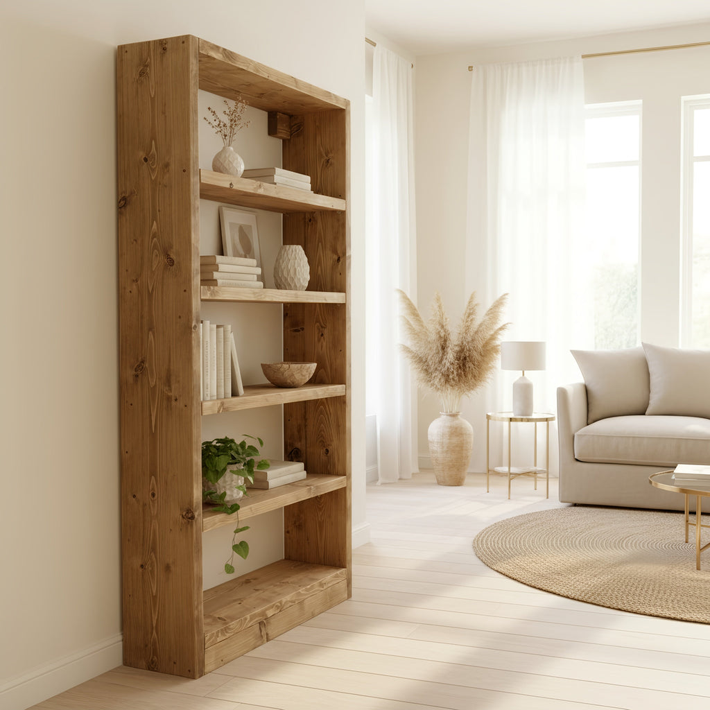 Solid Wood Bookshelf – Natural Finish Open Bookcase, Rustic Scandinavian Design - My Store