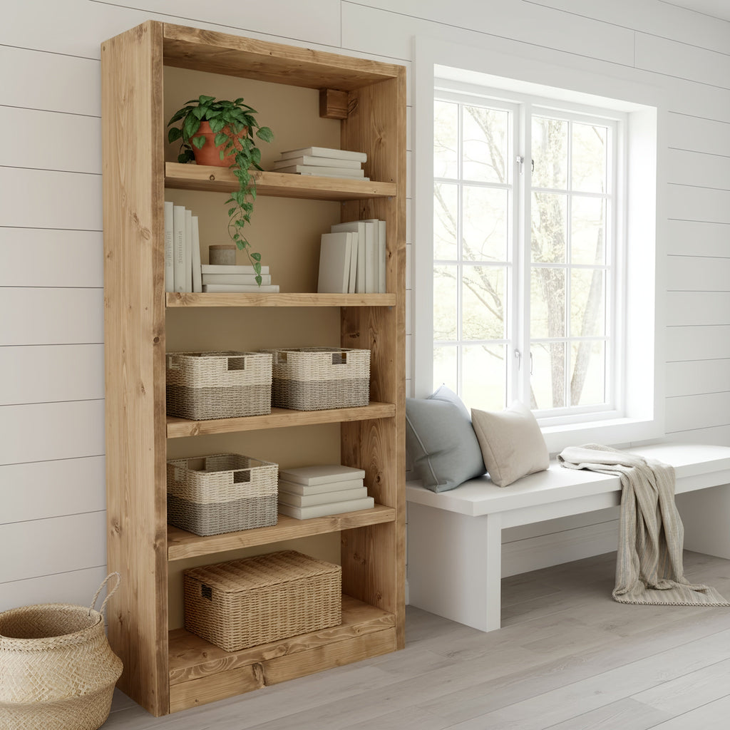 Solid Wood Bookshelf – Natural Finish Open Bookcase, Rustic Scandinavian Design - My Store