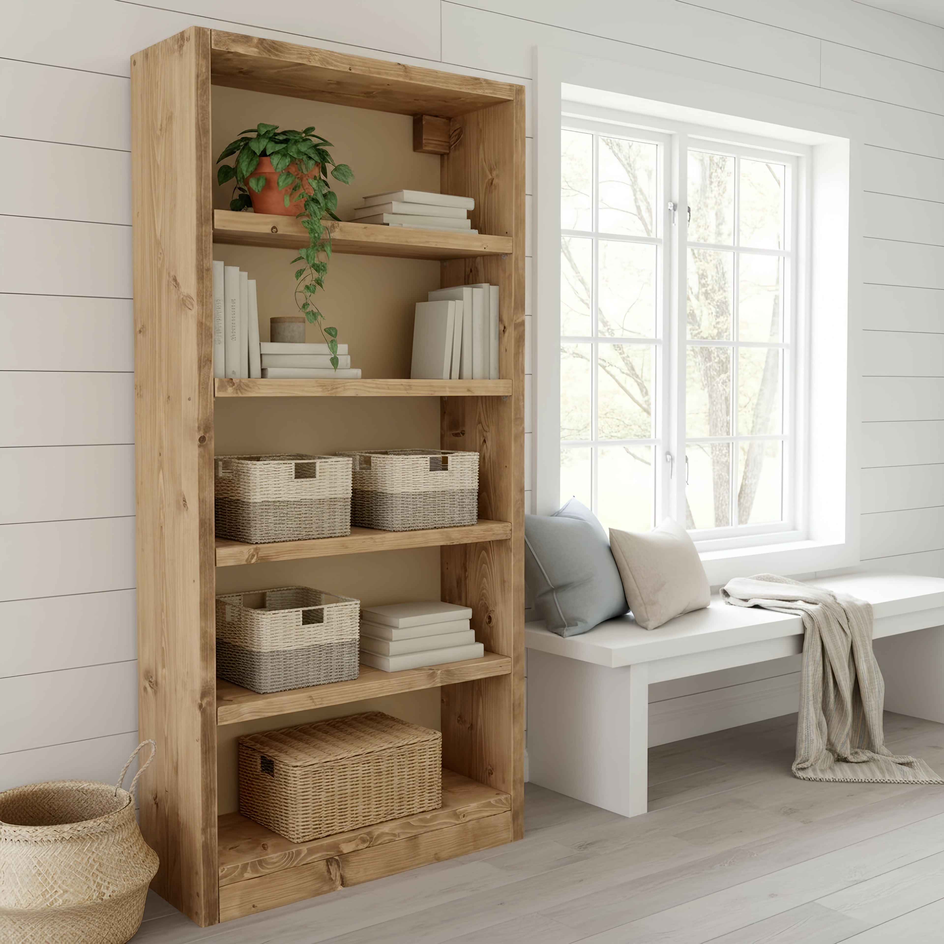 Solid Wood Bookshelf – Natural Finish Open Bookcase, Rustic Scandinavian Design - My Store