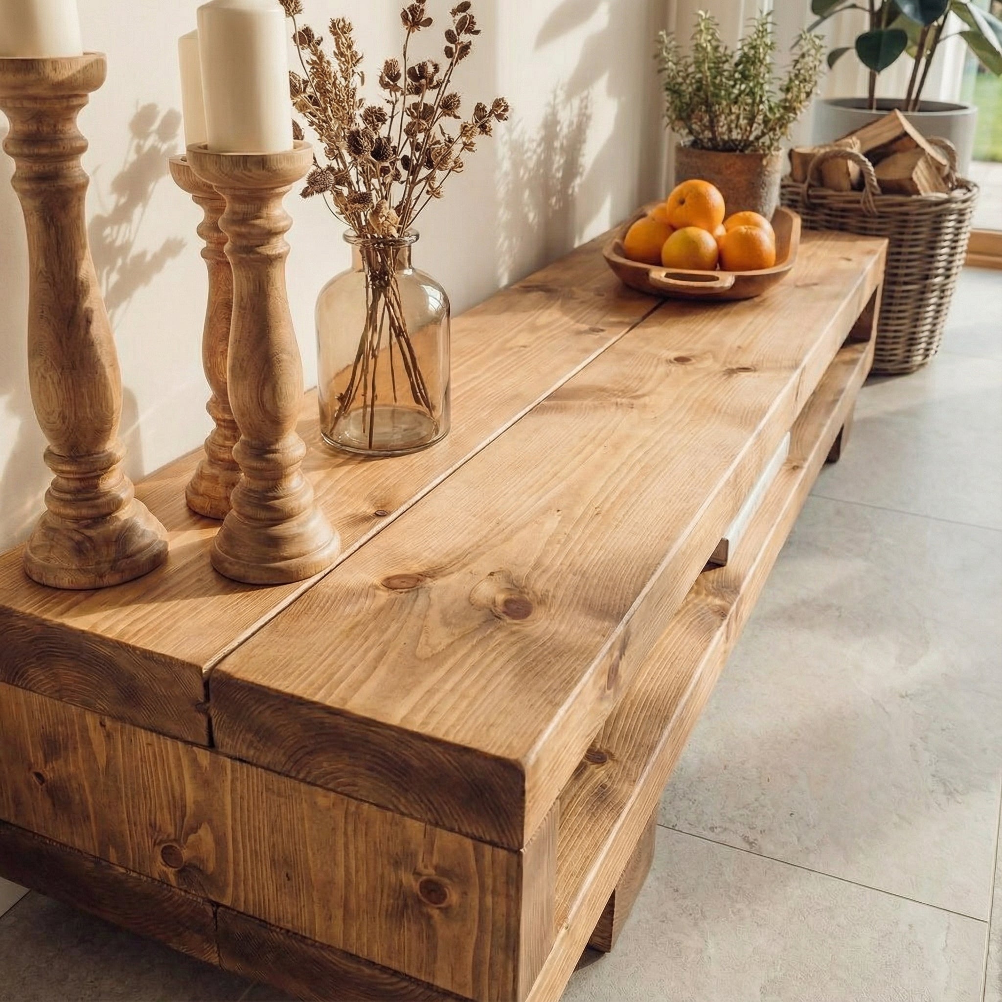 VIOT Low Solid Wood Chunky TV Unit Dark Oak Colour - My Store
