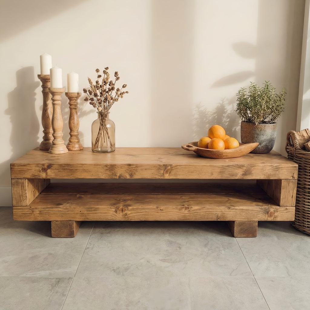 VIOT Low Solid Wood Chunky TV Unit Dark Oak Colour - My Store