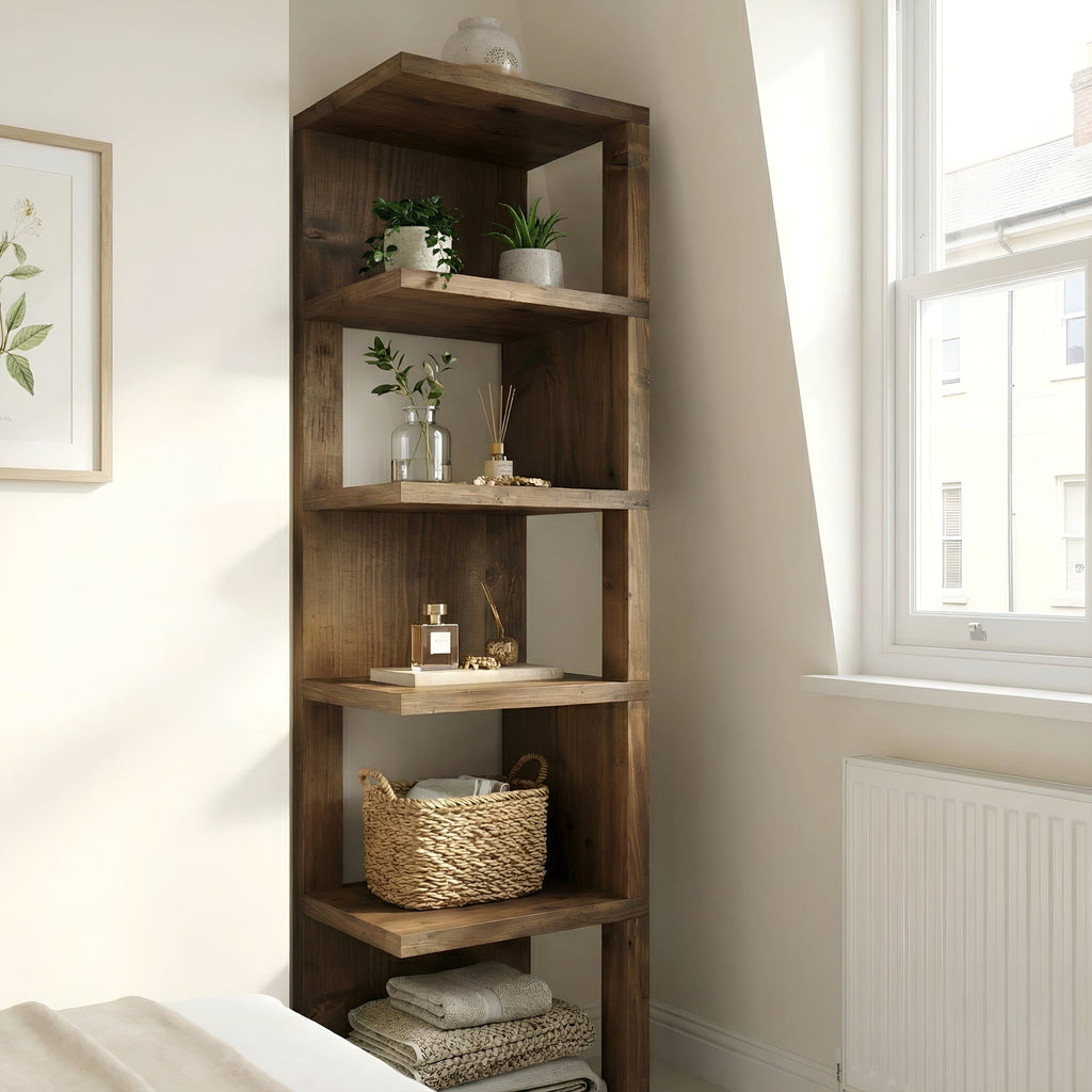Valora Solid Wood Corner Bookshelf In Walnut Colour – Natural Finish Open Bookcase, Rustic Scandinavian Design - My Store